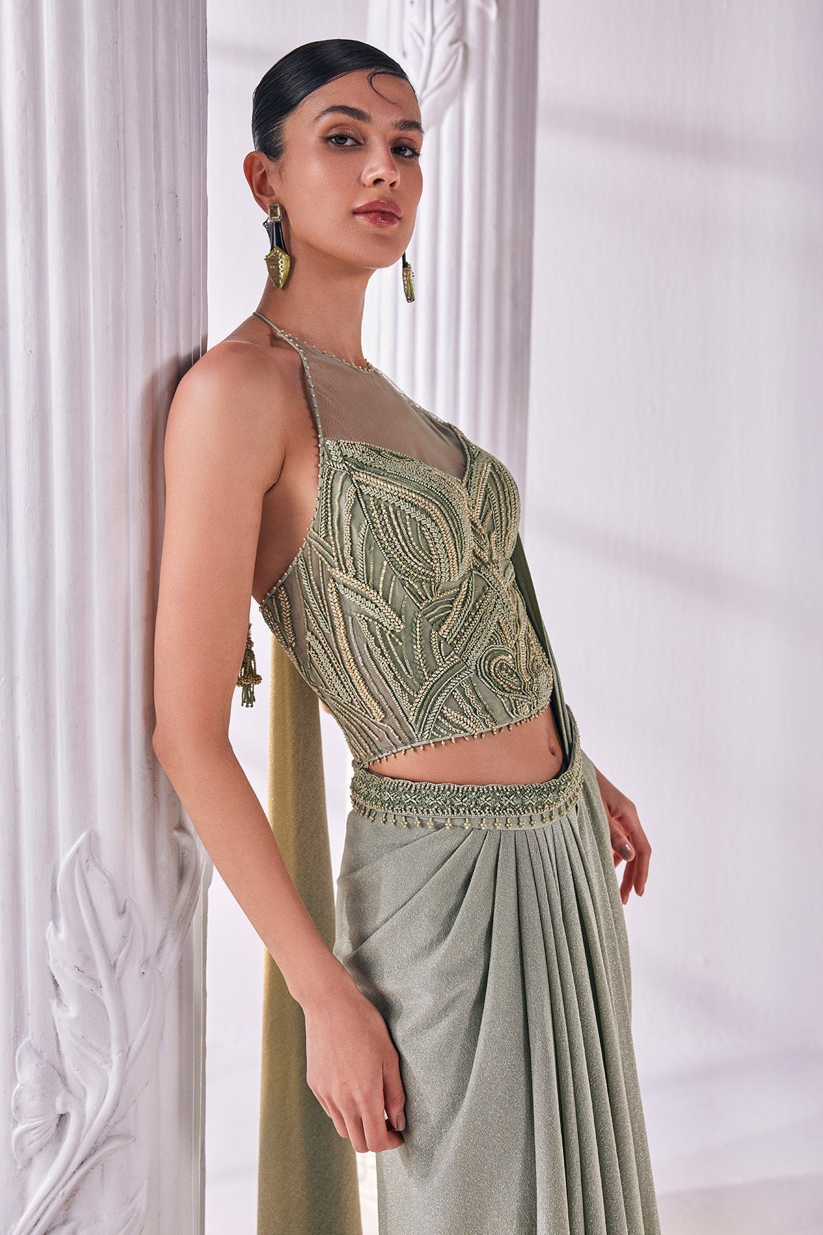 Jade Green Draped Saree Set