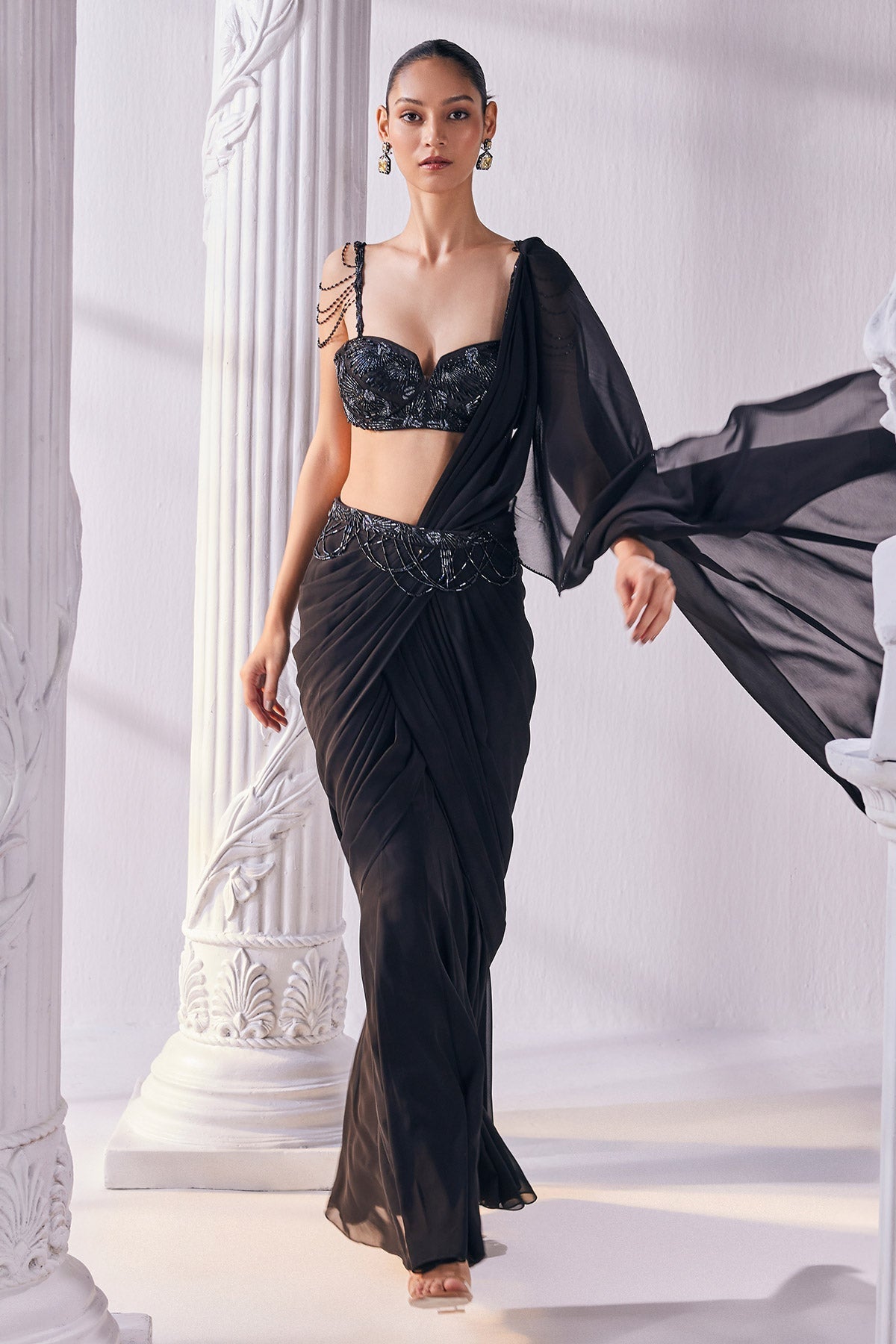 Royal Black Draped Saree Set