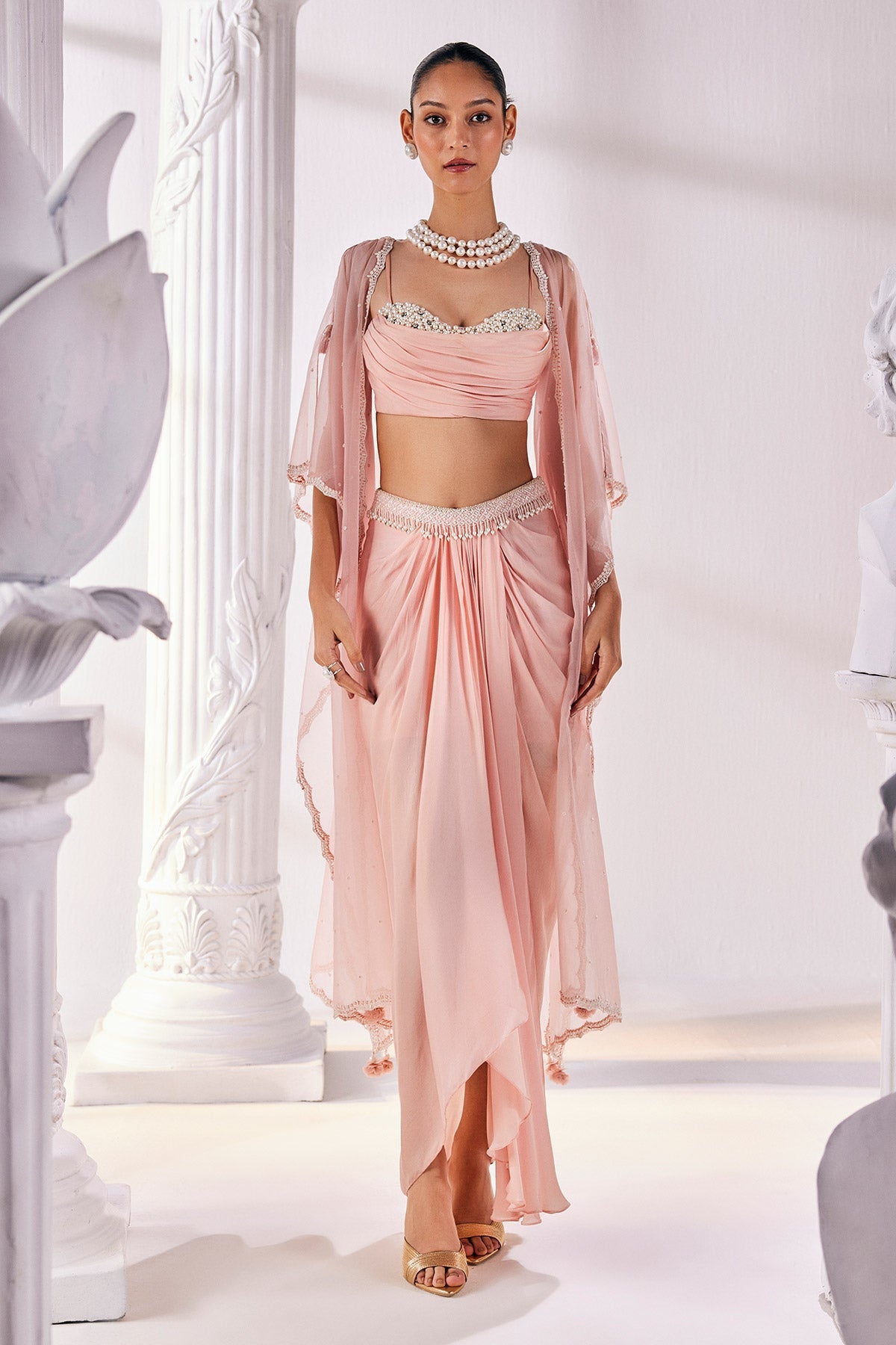 Peach Satin Draped Skirt Set