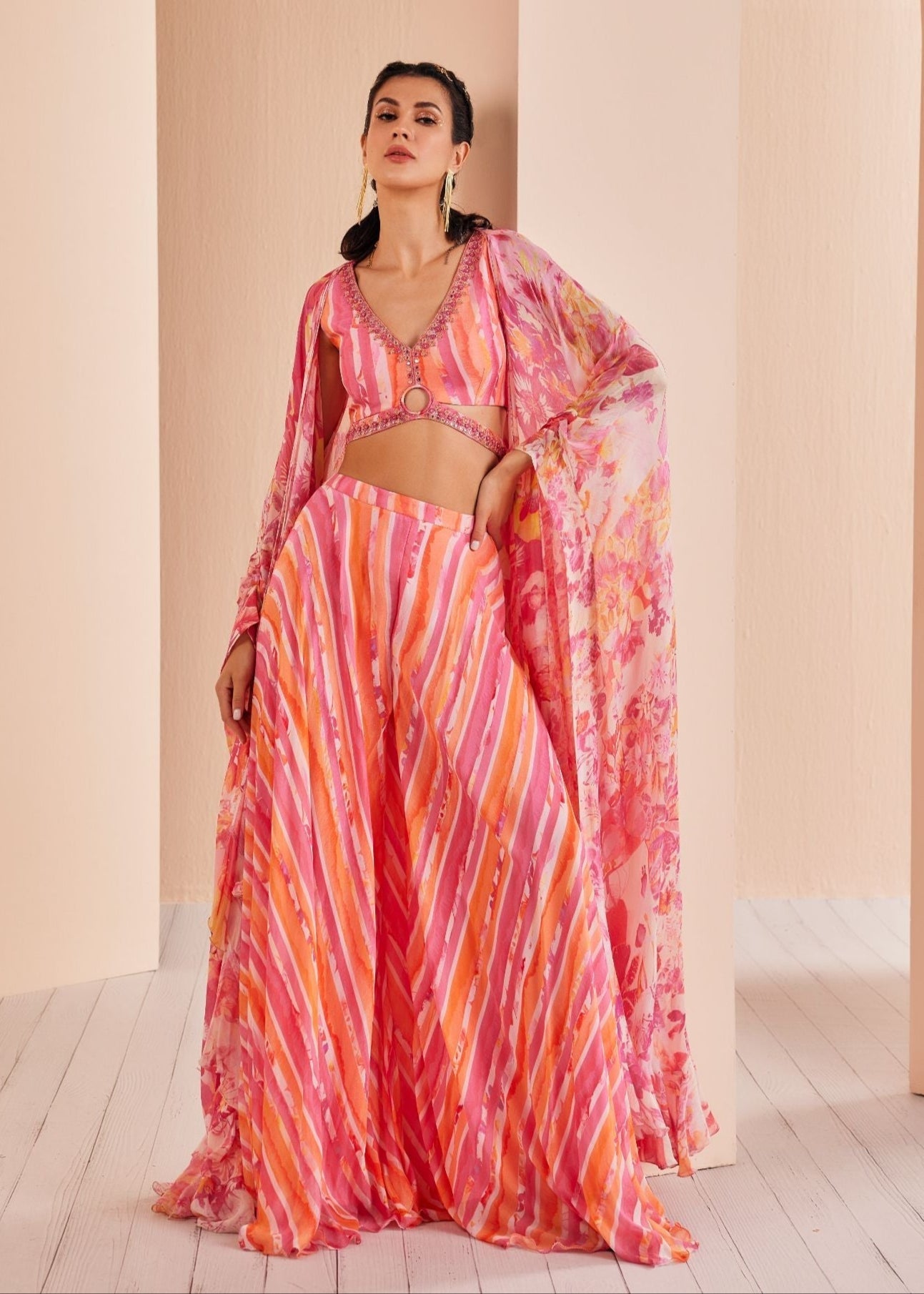Pink Printed Chiffon Sharara Set
