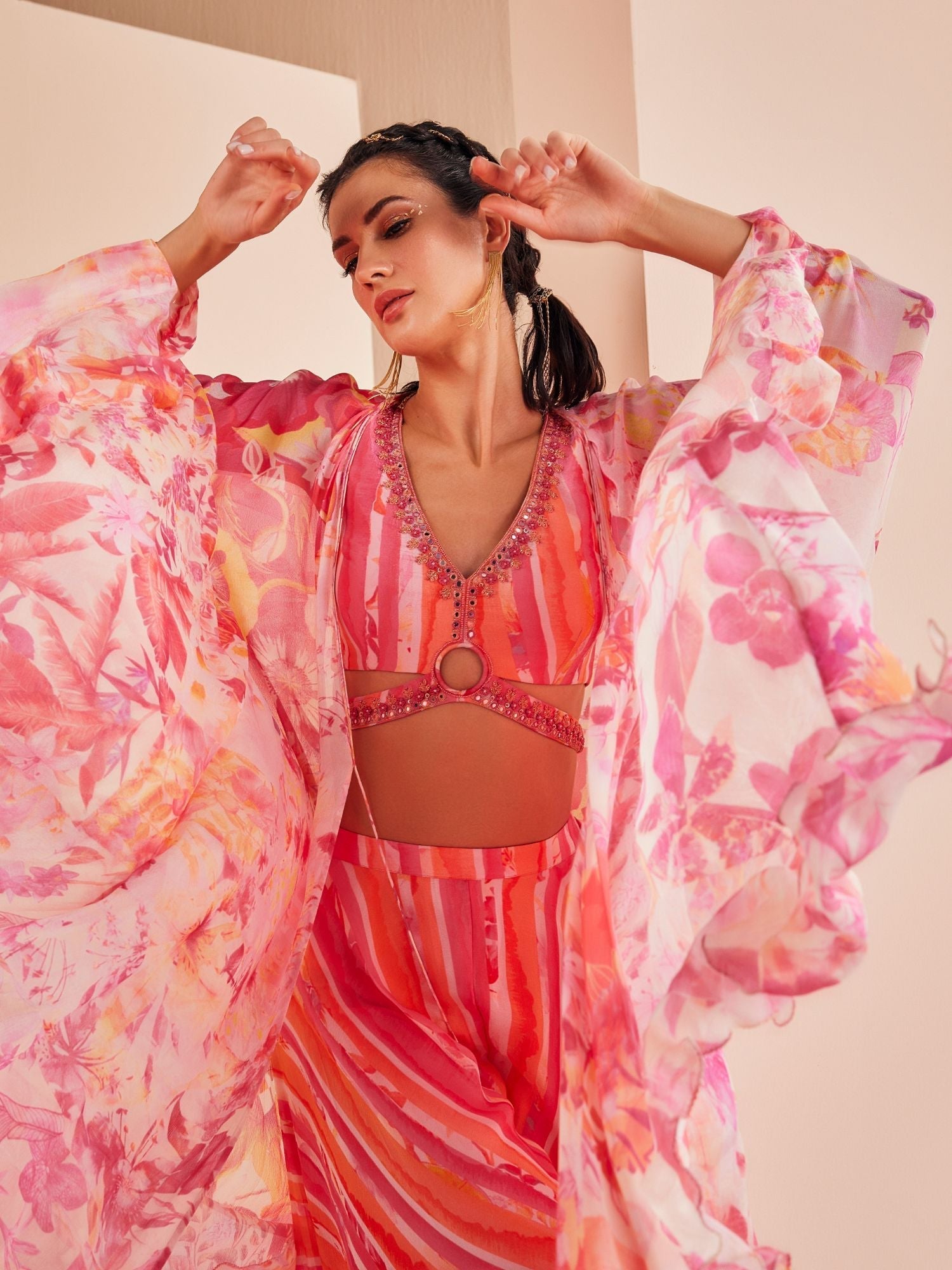 Pink Printed Chiffon Sharara Set