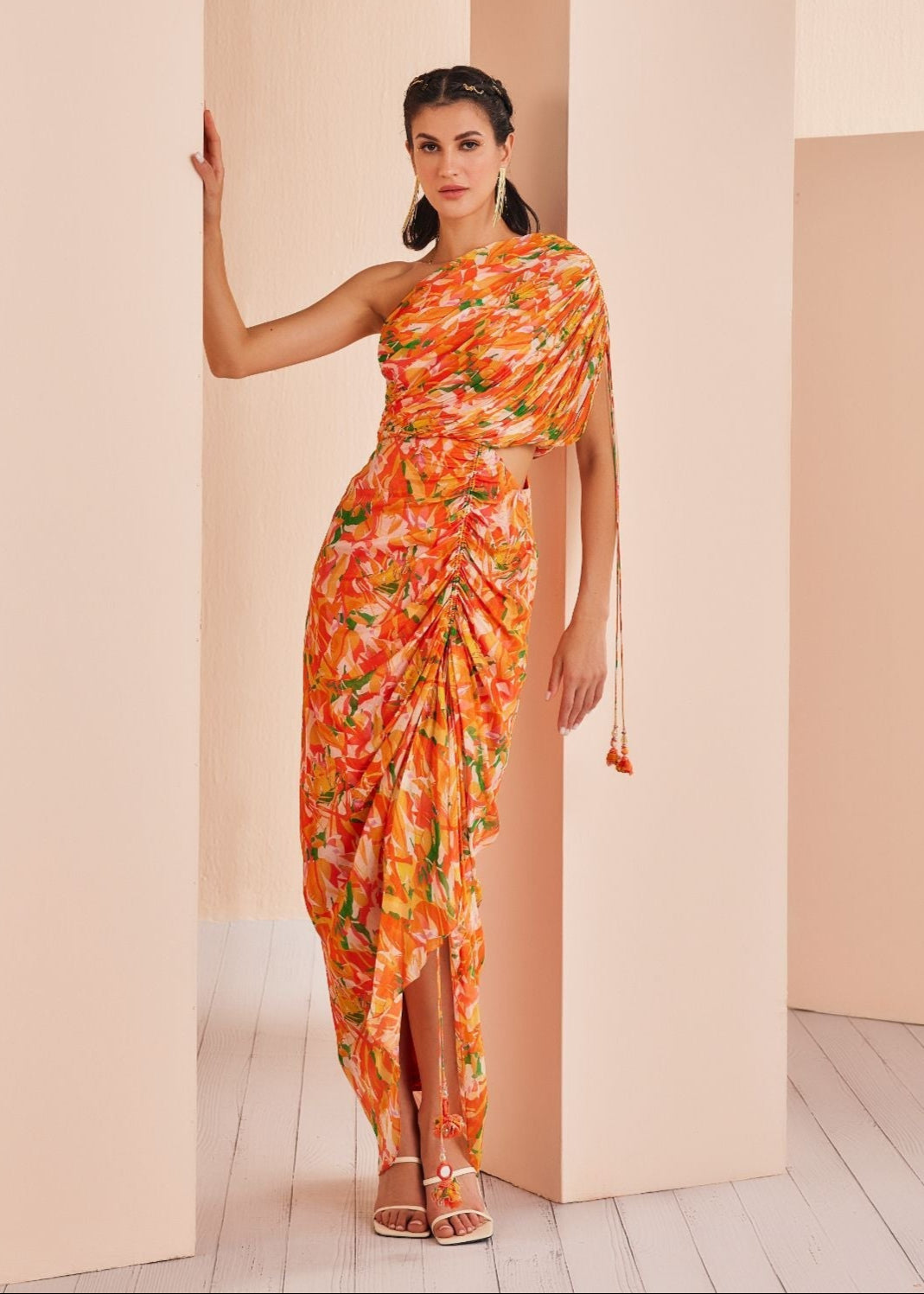 Orange Printed Mesh Printed Ruched Dress