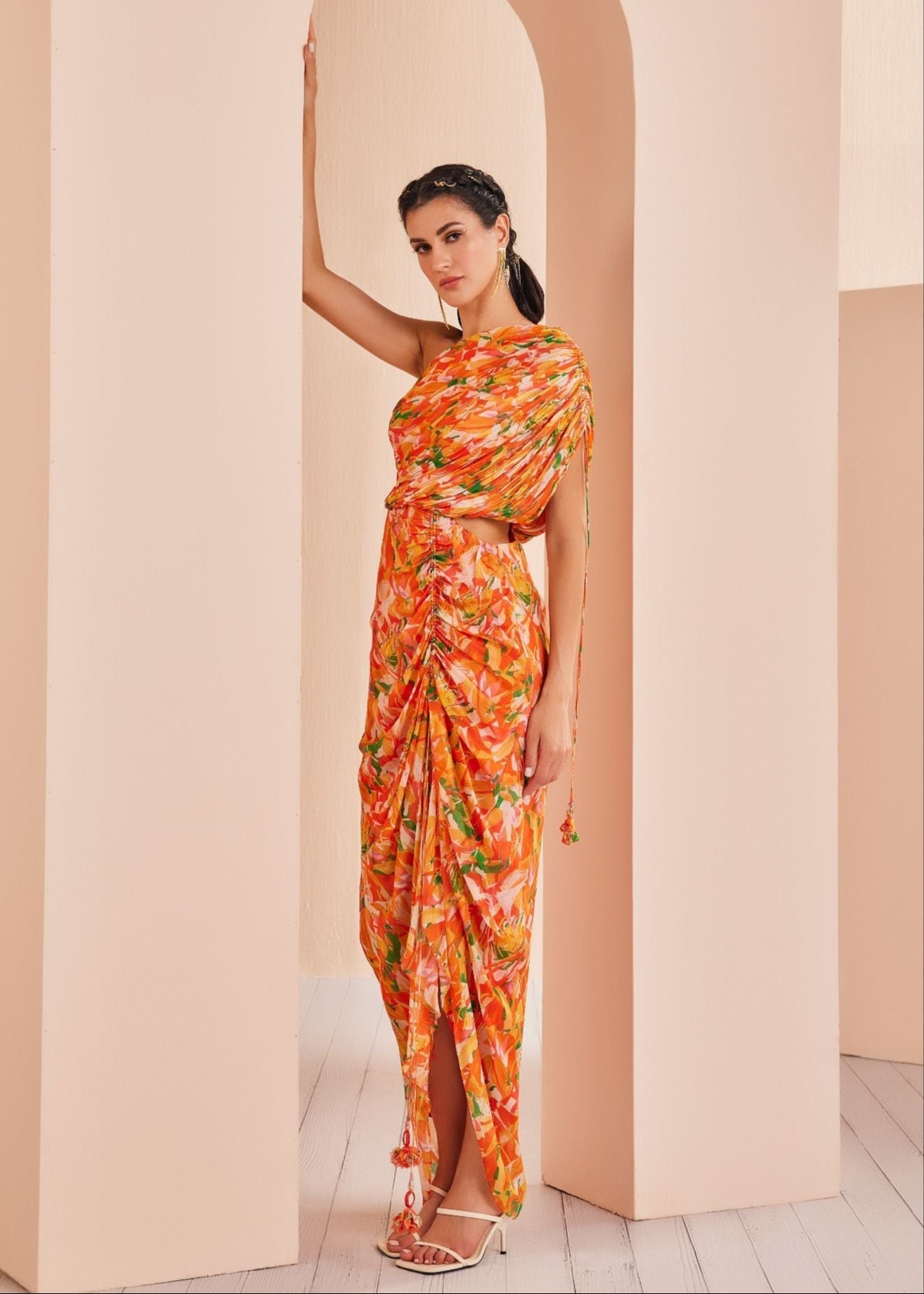 Orange Printed Mesh Printed Ruched Dress