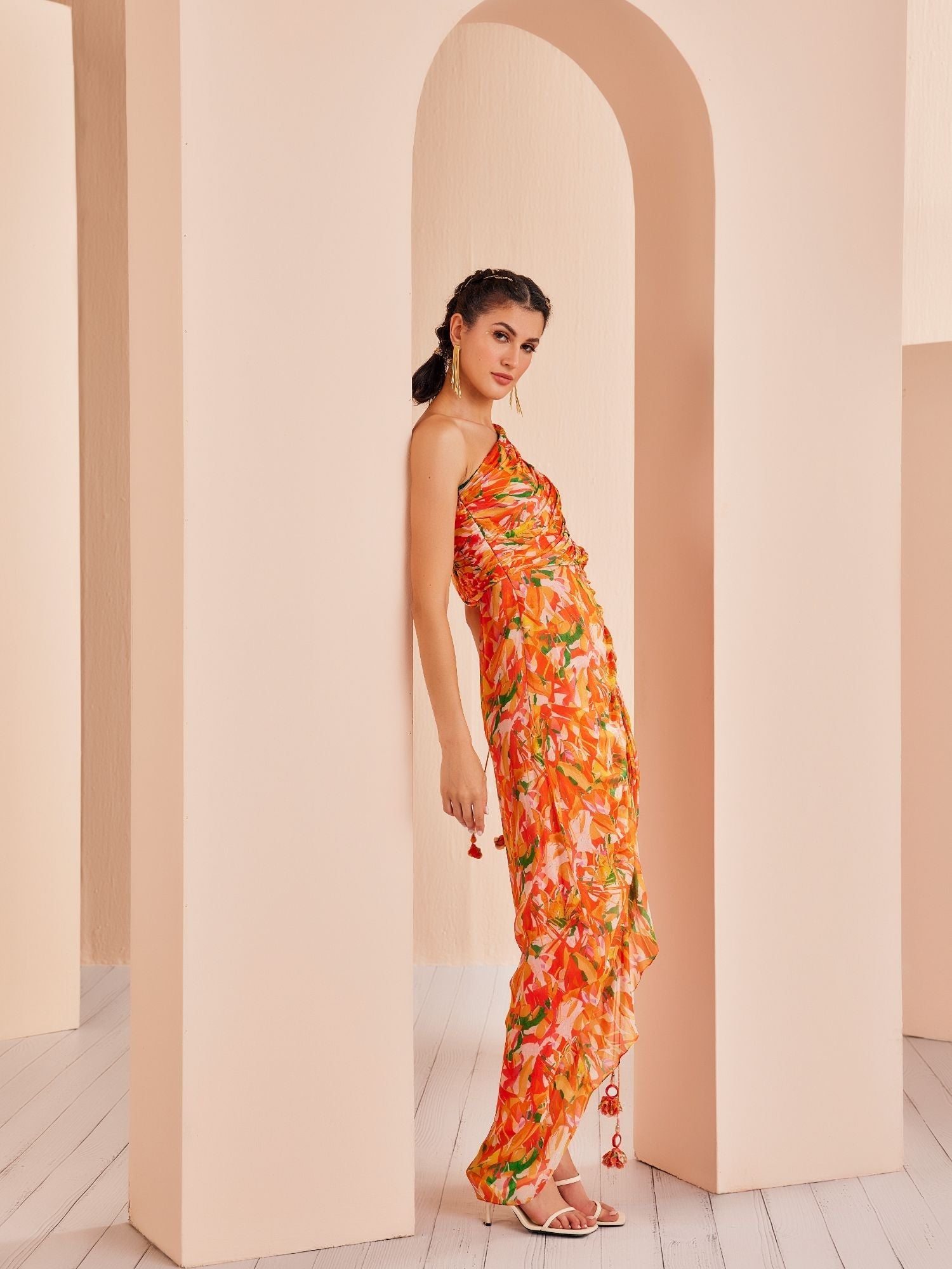 Orange Printed Mesh Printed Ruched Dress