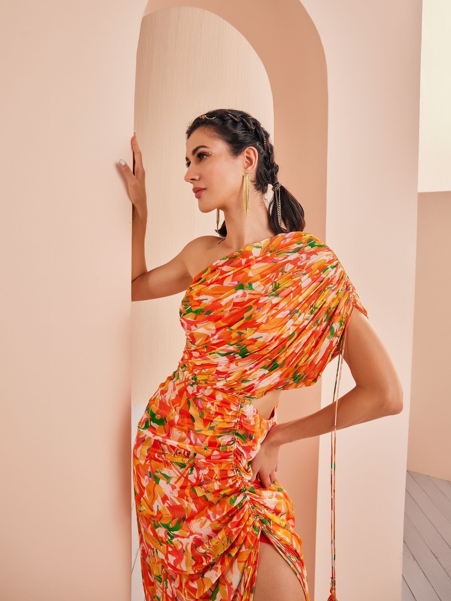 Orange Printed Mesh Printed Ruched Dress