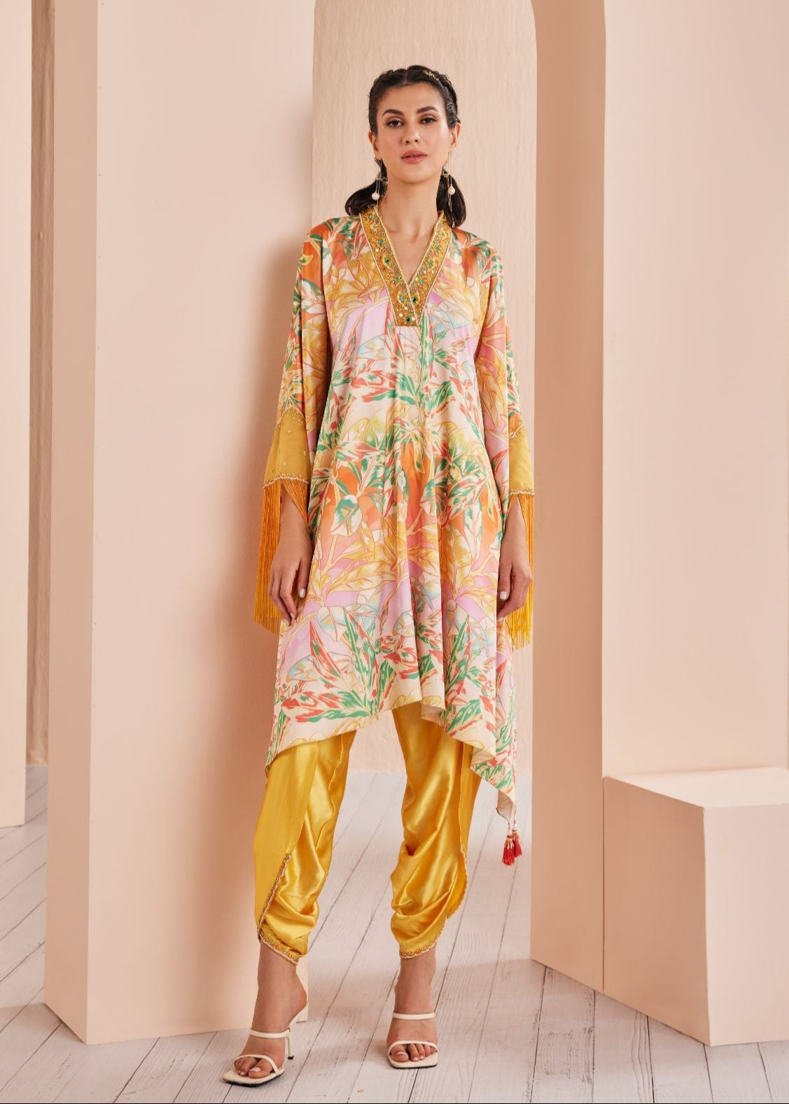 Yellow Leafy Printed Kaftan Kurta Set