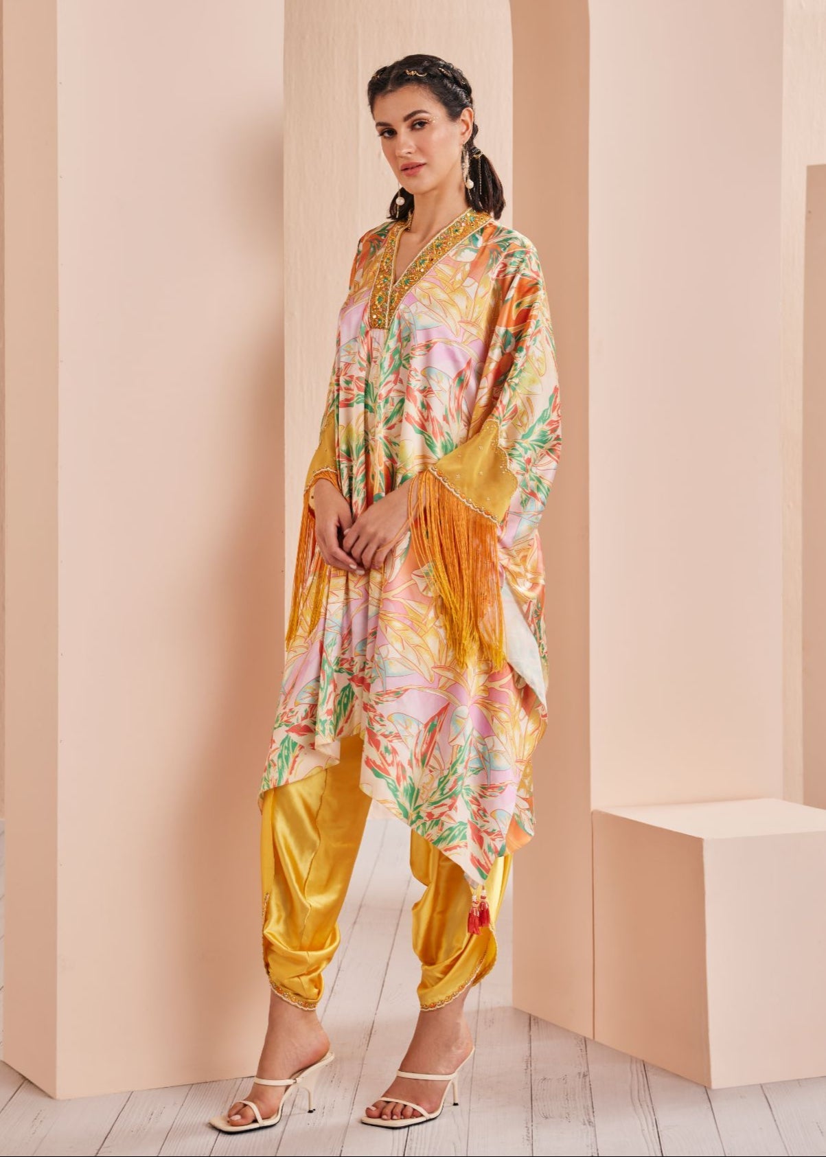 Yellow Leafy Printed Kaftan Kurta Set