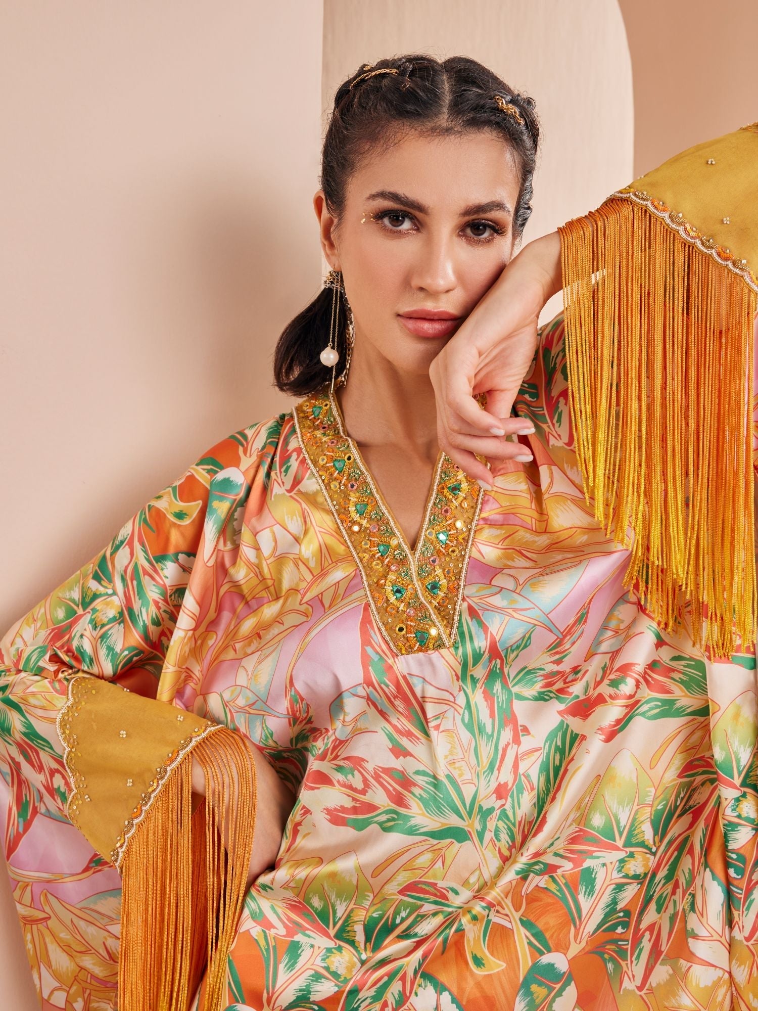 Yellow Leafy Printed Kaftan Kurta Set