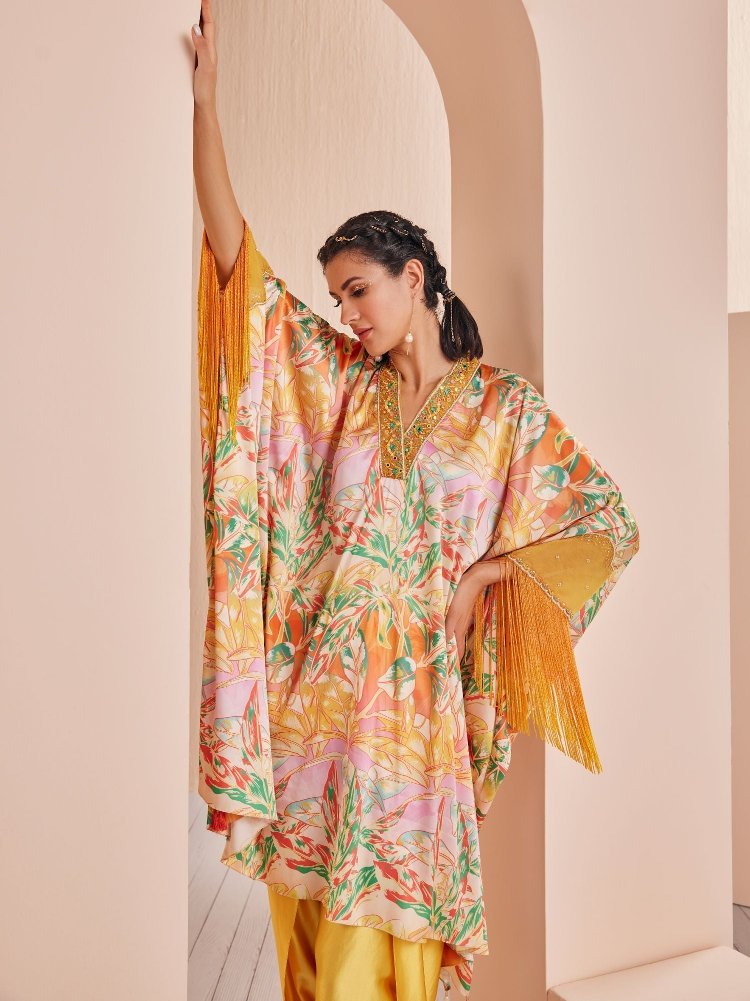 Yellow Leafy Printed Kaftan Kurta Set