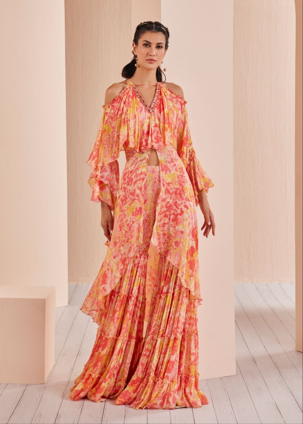 Red Pansy Daisy Chiffon Butterfly Kurta Set