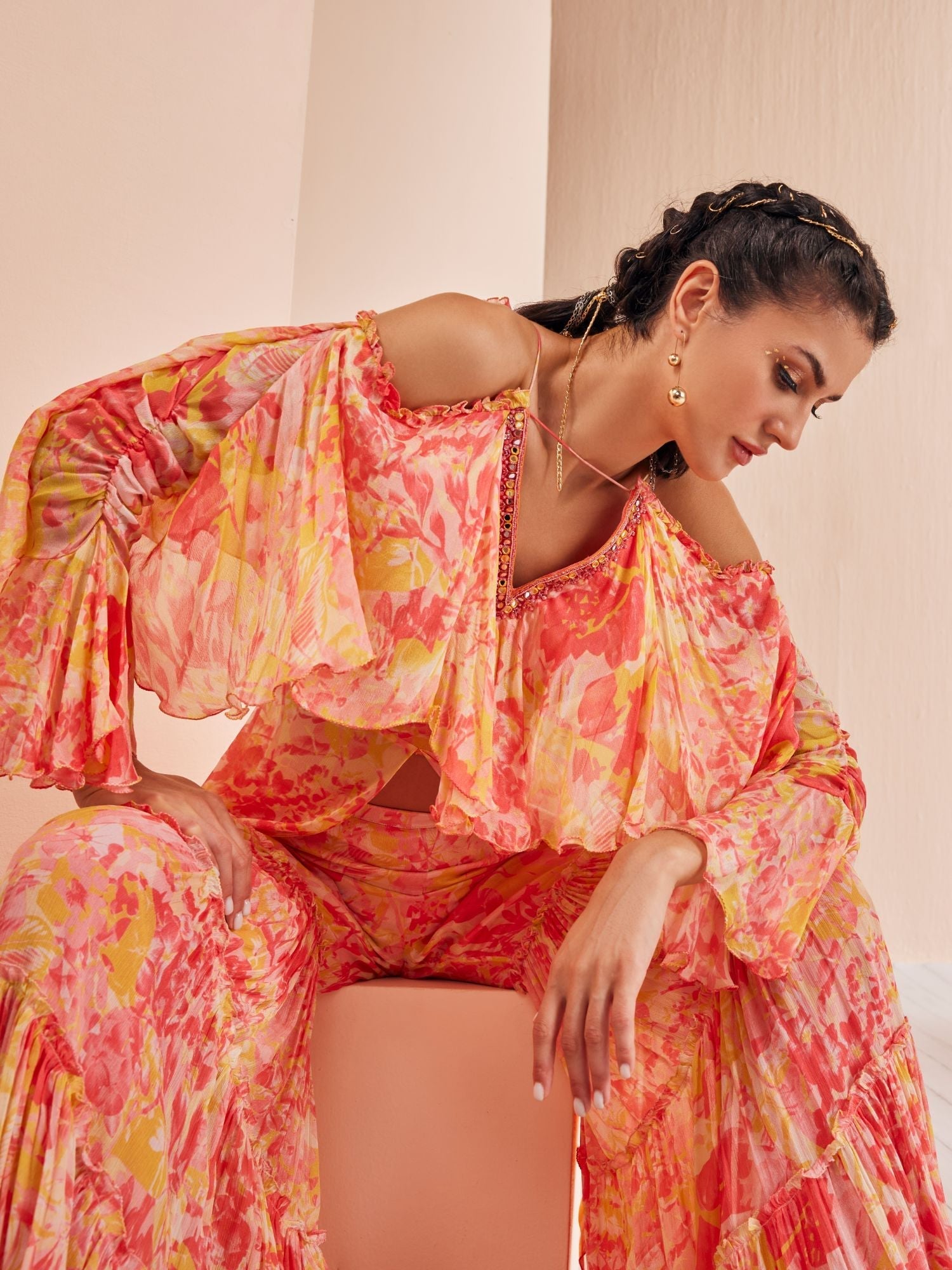 Red Pansy Daisy Chiffon Butterfly Kurta Set
