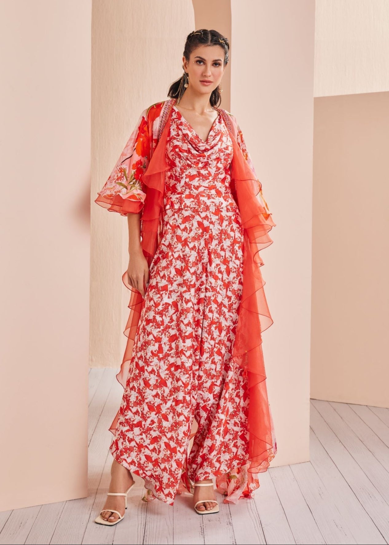Red Printed Satin Jumpsuit Set