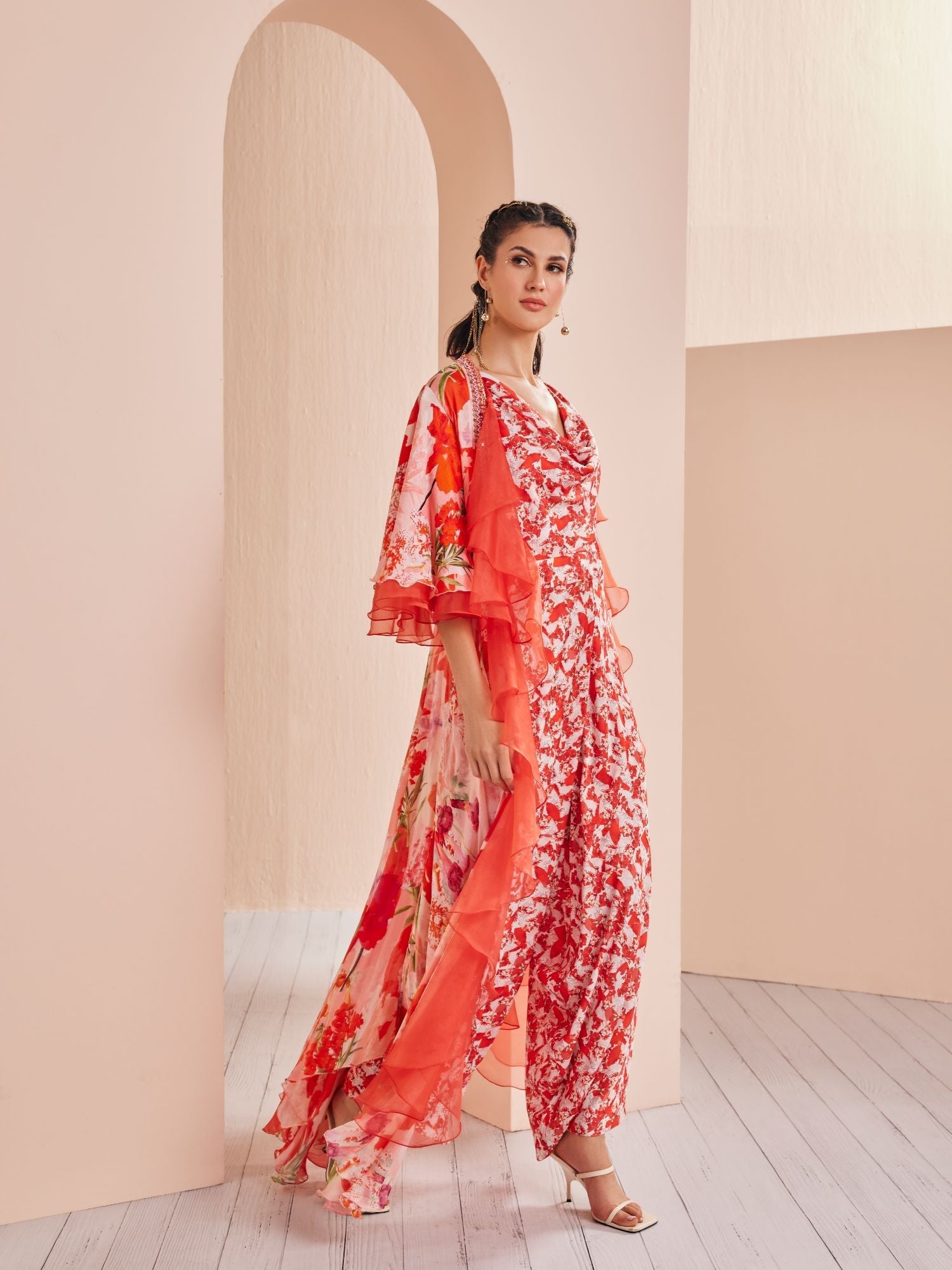Red Printed Satin Jumpsuit Set