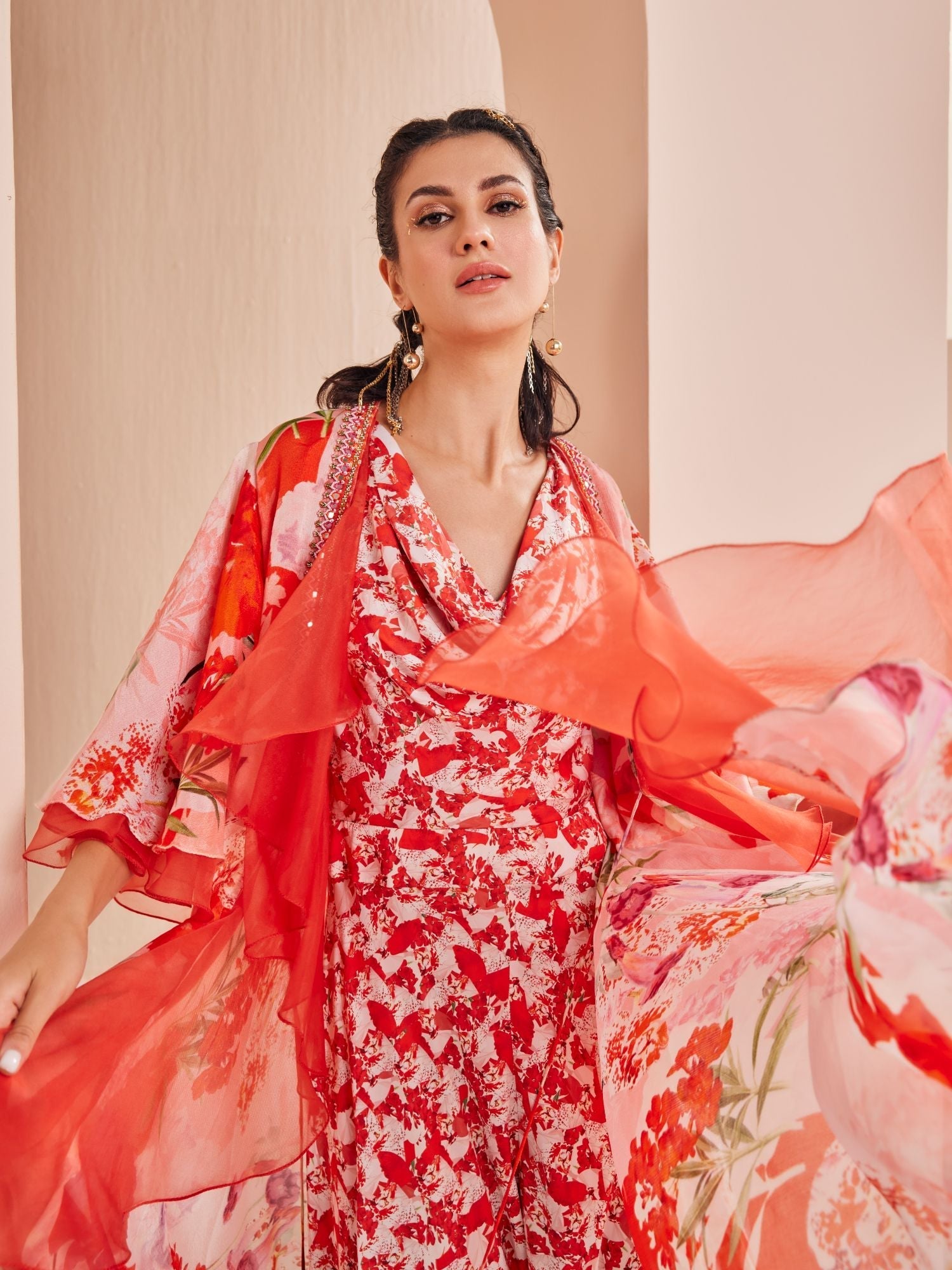 Red Printed Satin Jumpsuit Set