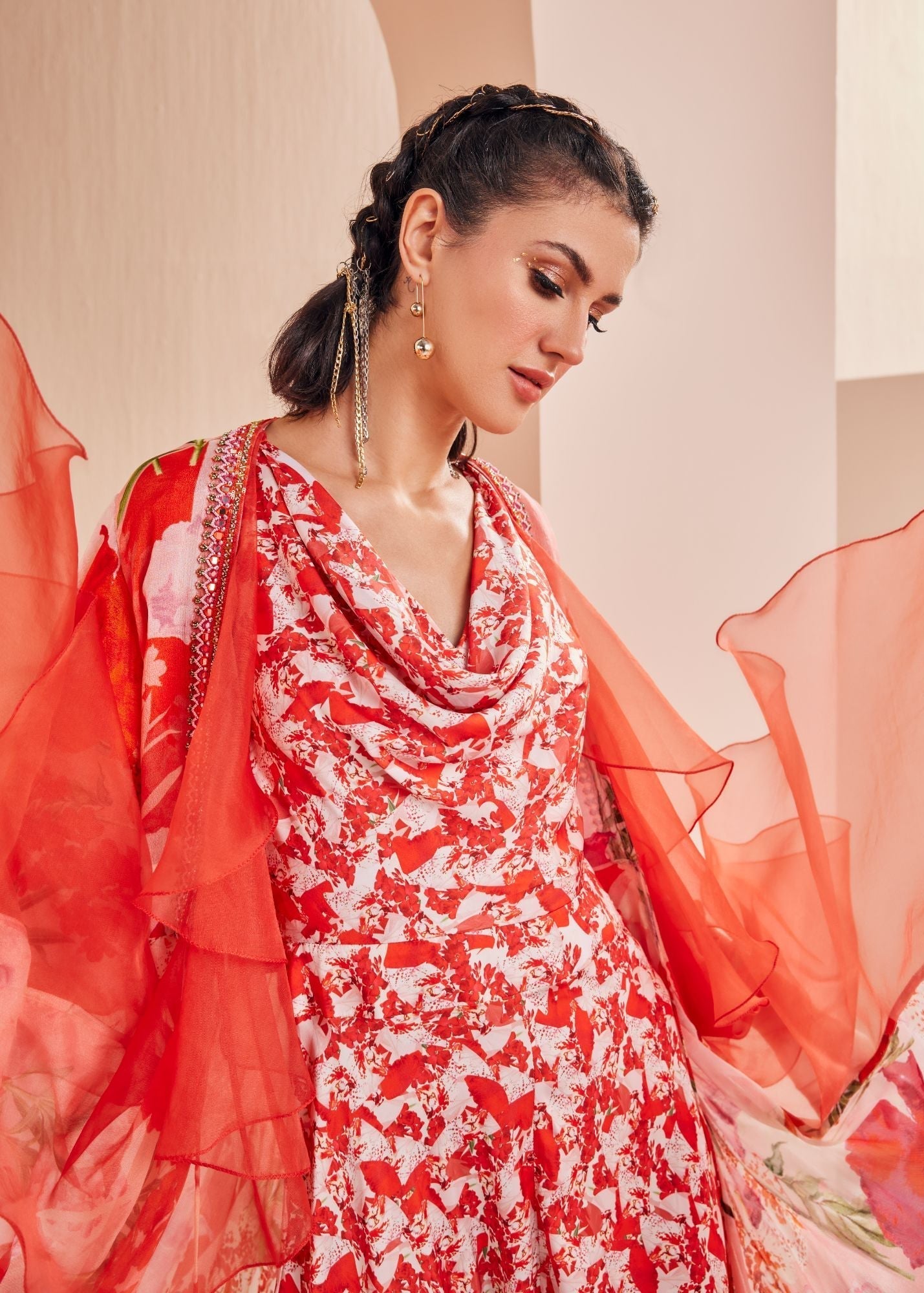 Red Printed Satin Jumpsuit Set