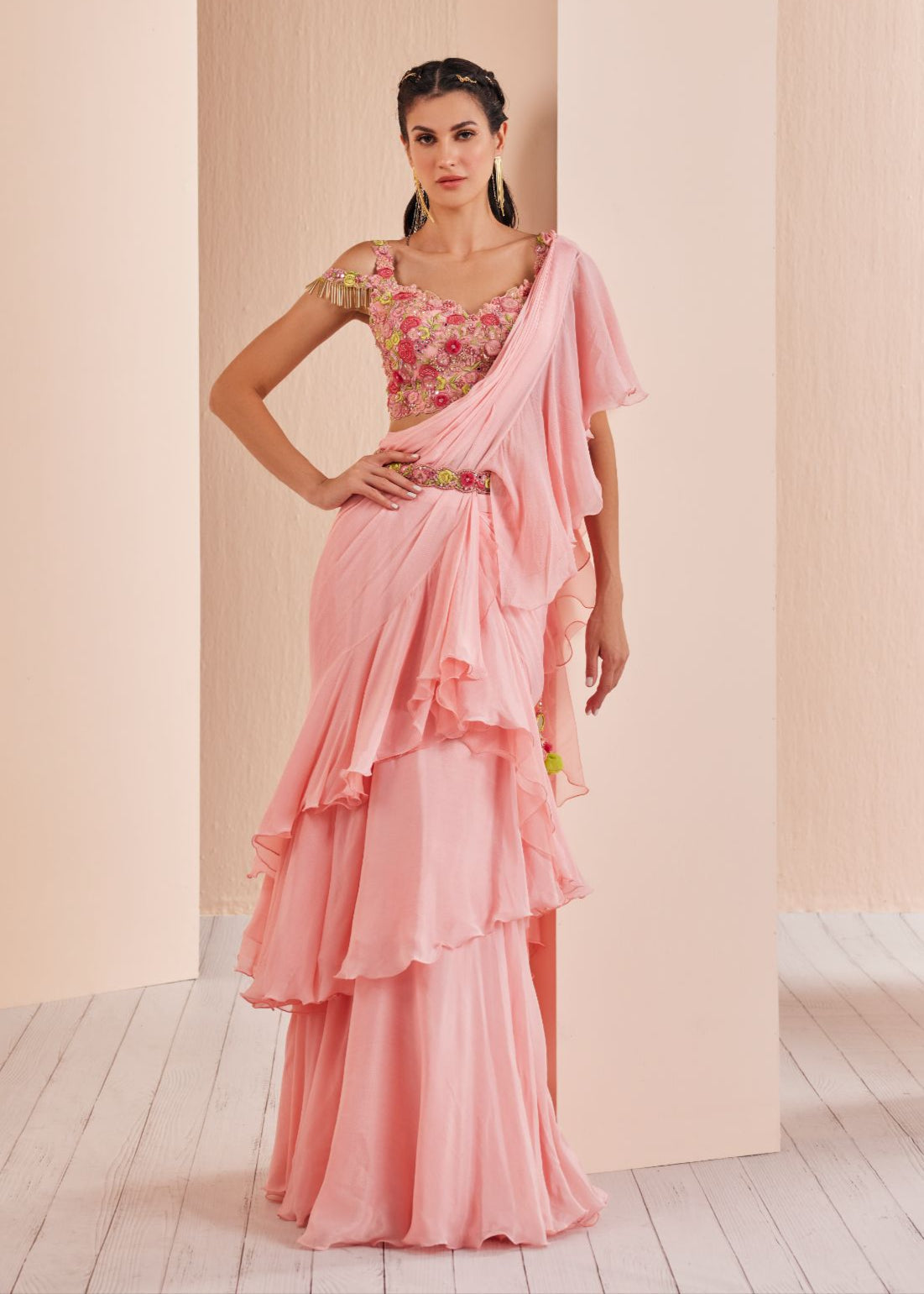 Chiffon Solid Saree With Embroidered Blouse