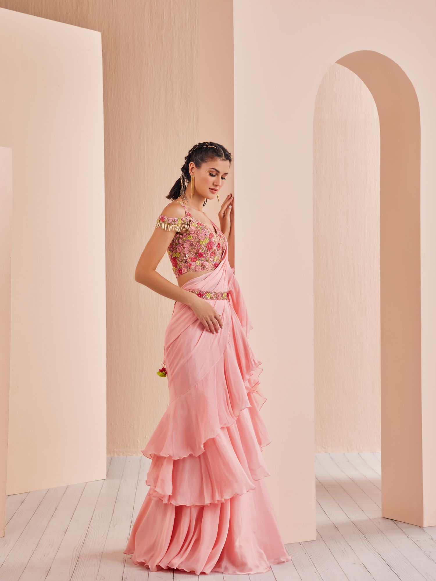 Chiffon Solid Saree With Embroidered Blouse