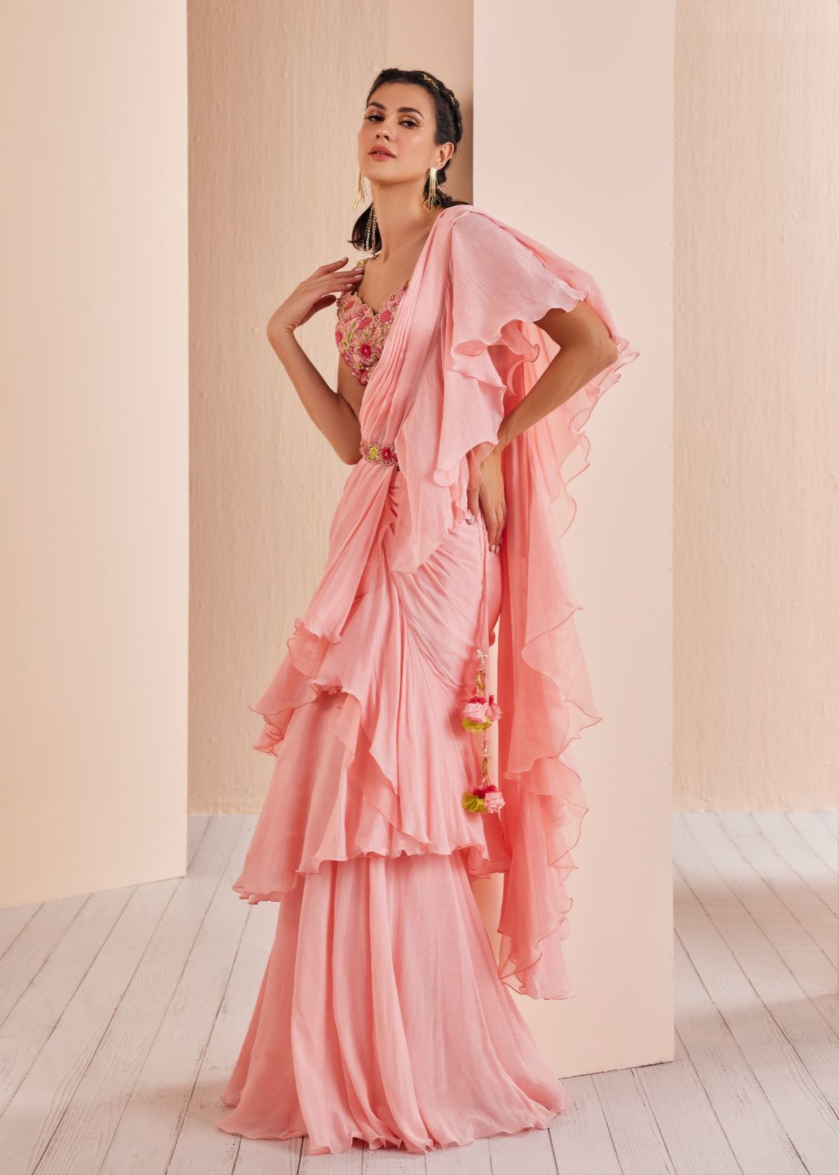 Chiffon Solid Saree With Embroidered Blouse