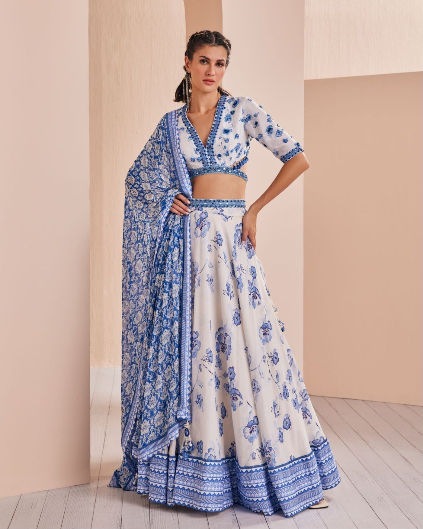 Blue Chanderi Printed Lehenga Set