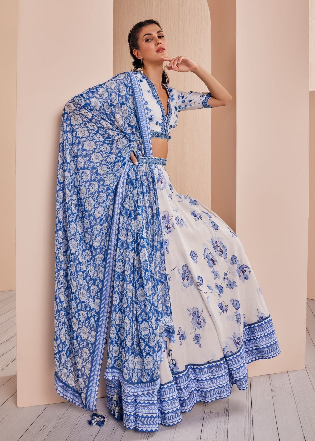 Blue Chanderi Printed Lehenga Set
