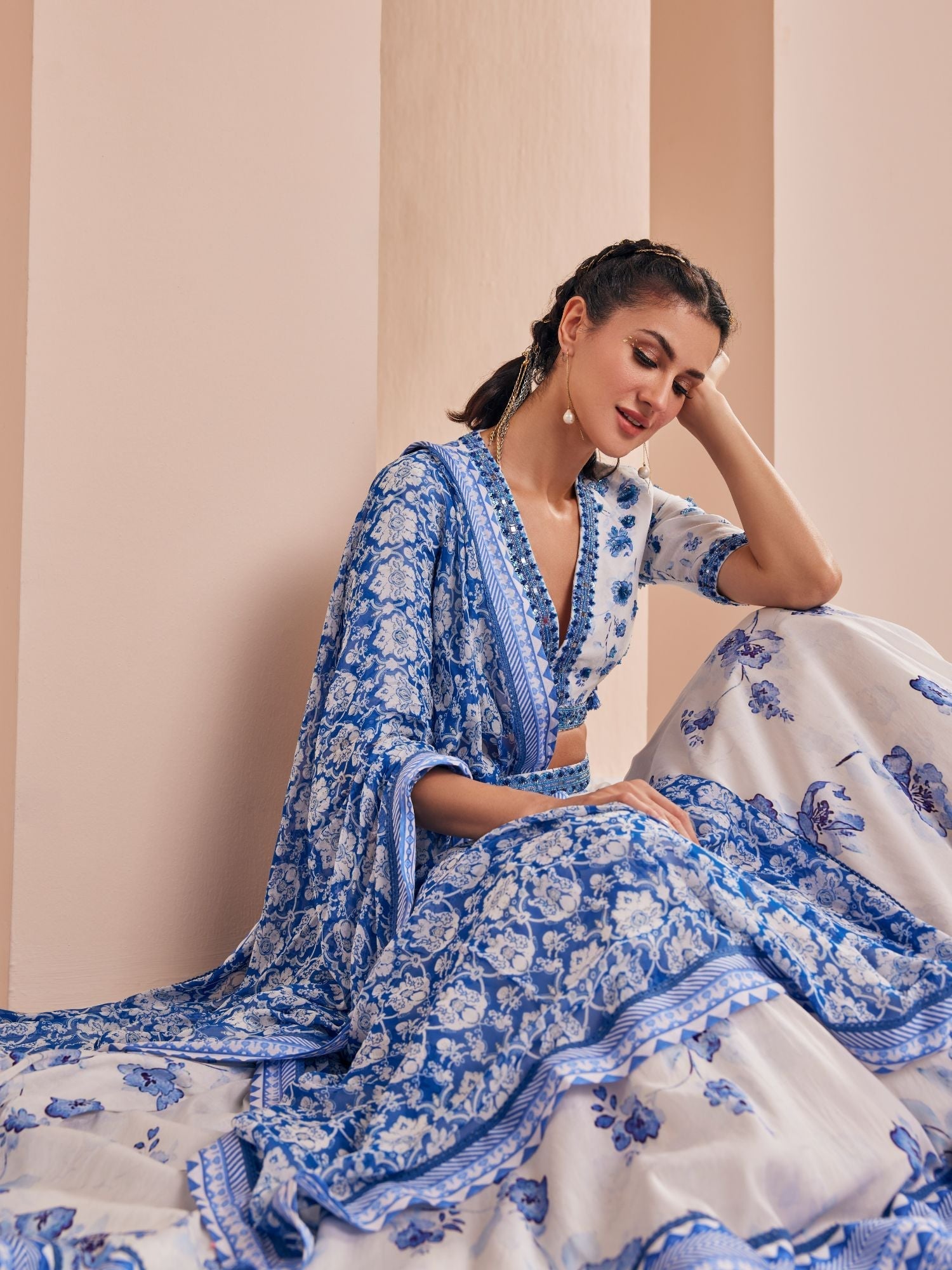 Blue Chanderi Printed Lehenga Set