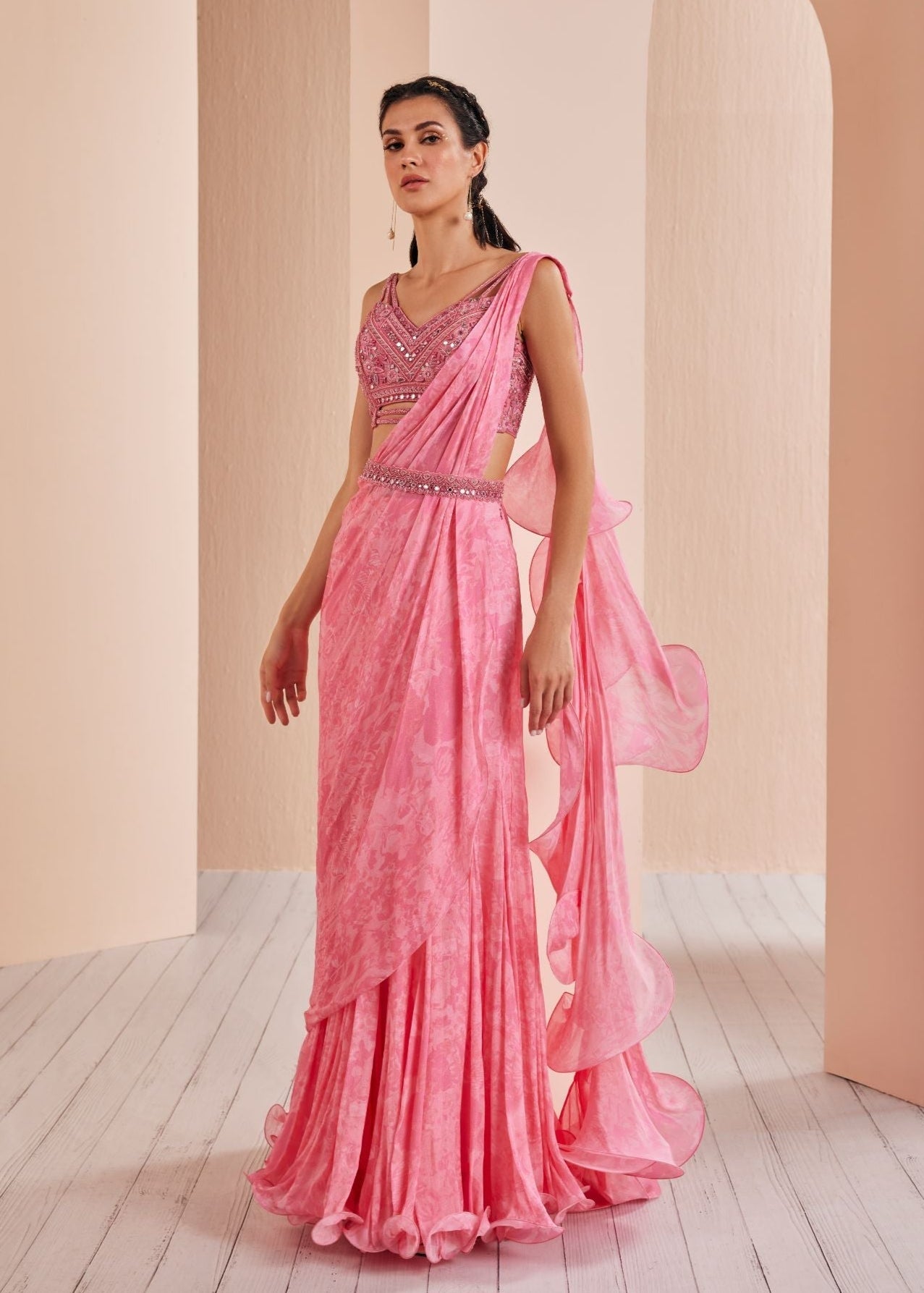 Peach Pink Chiffon Printed Draped Saree Set