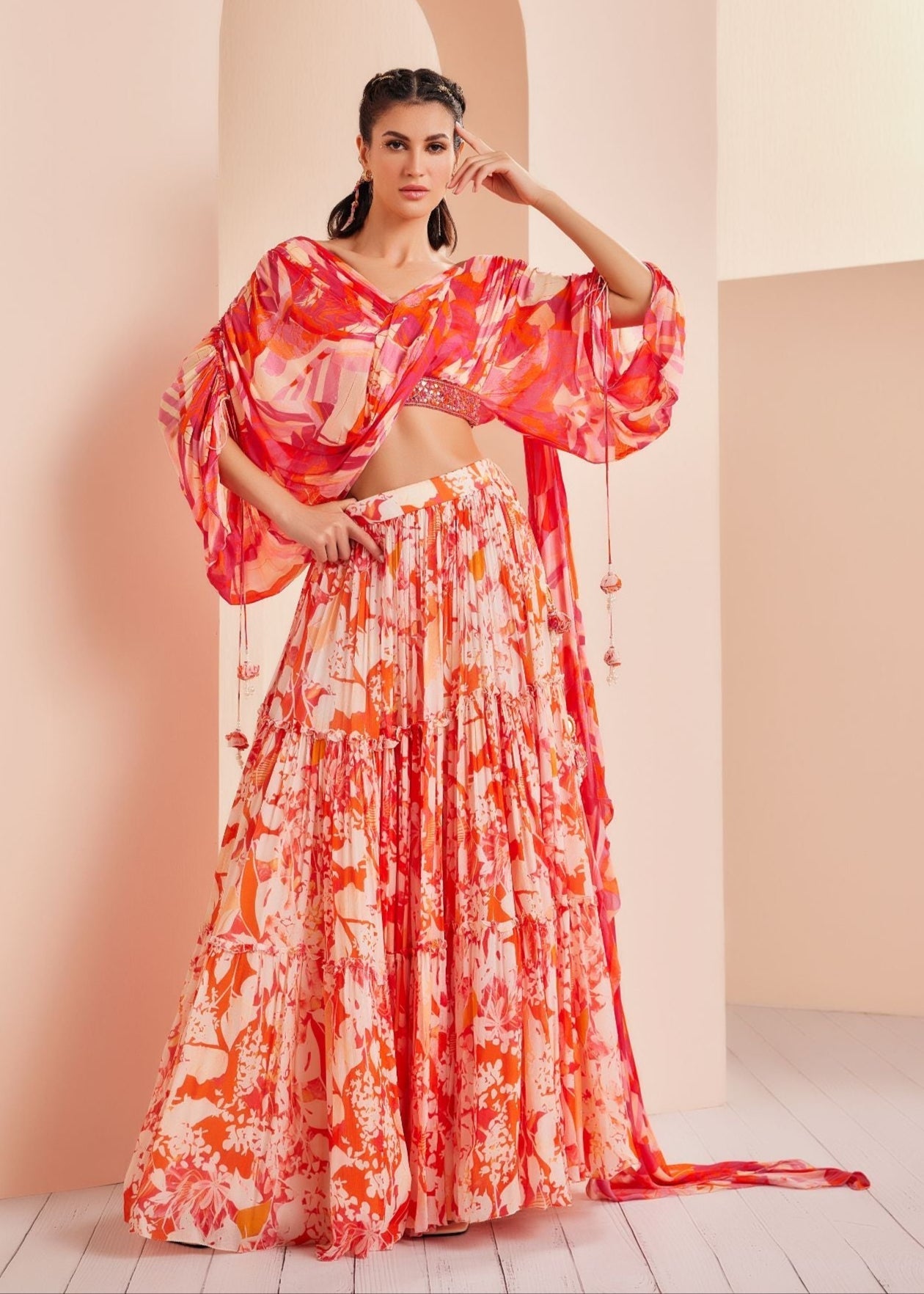 Printed Chiffon Tiered Lehenga Set