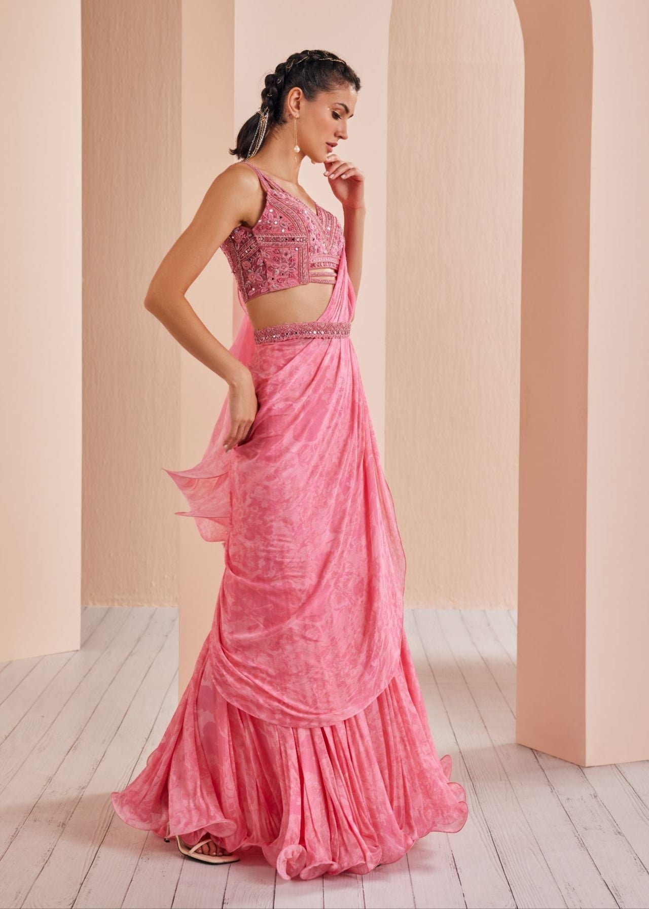 Peach Pink Chiffon Printed Draped Saree Set