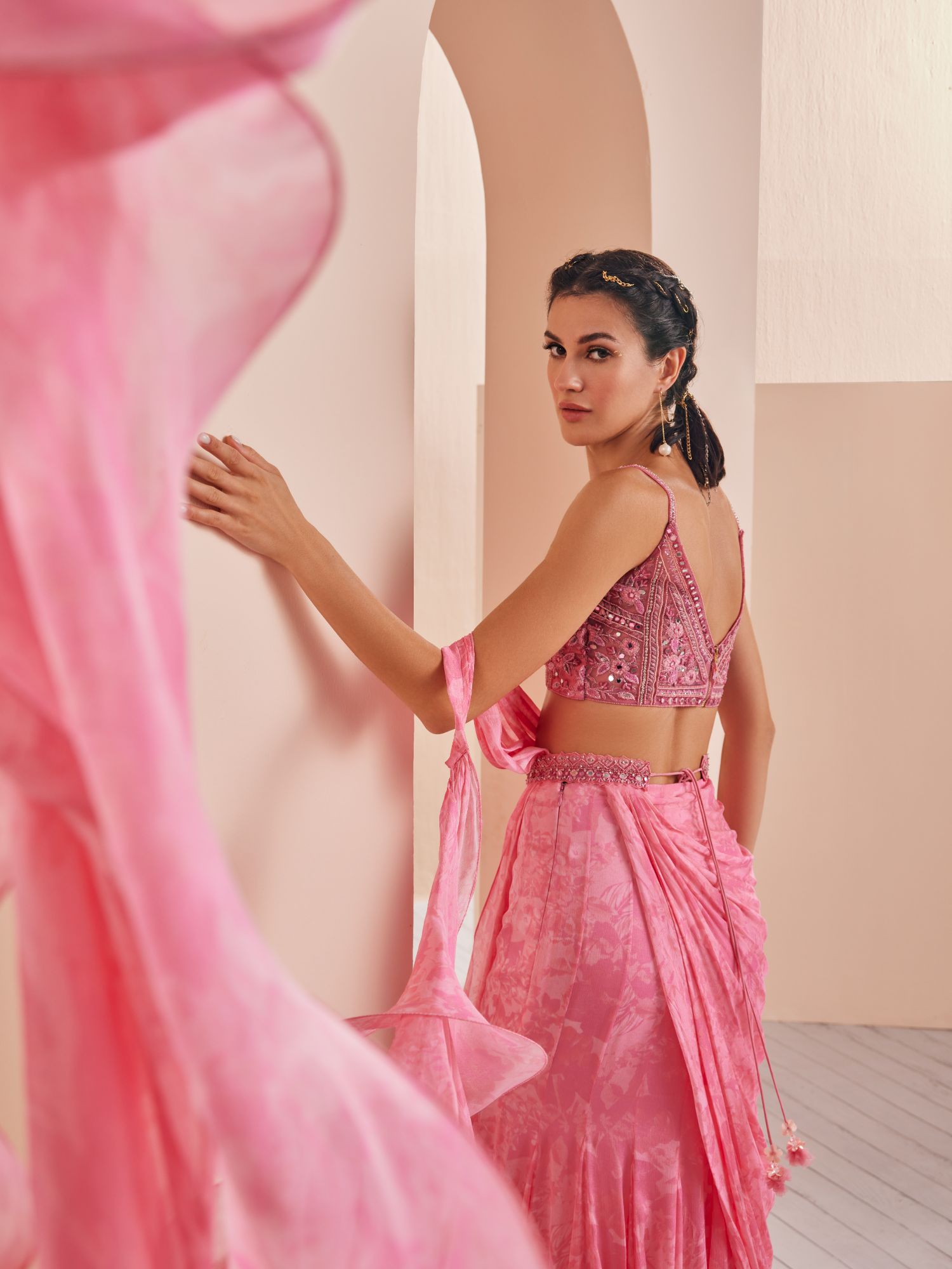 Peach Pink Chiffon Printed Draped Saree Set