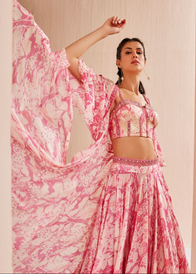 Printed Chiffon Lehenga Set
