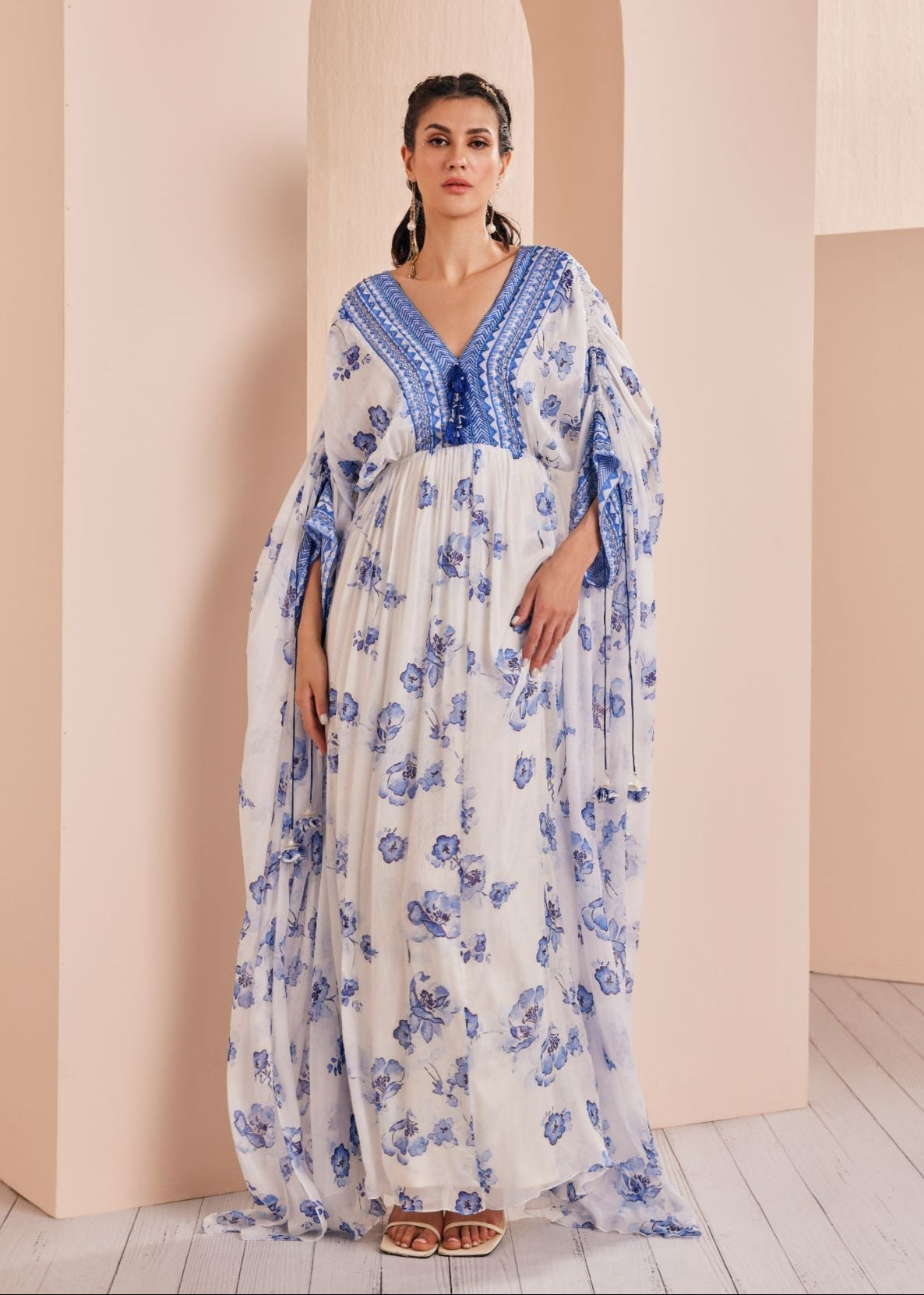 Blue Periwinkle Floral Embroidered Kaftan