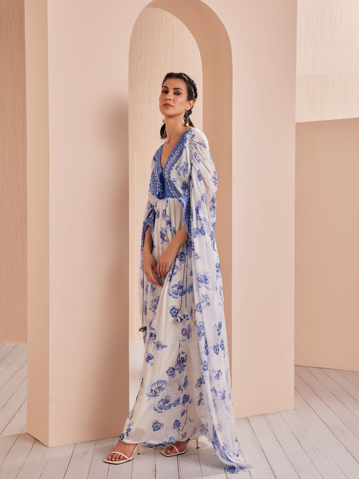 Blue Periwinkle Floral Embroidered Kaftan
