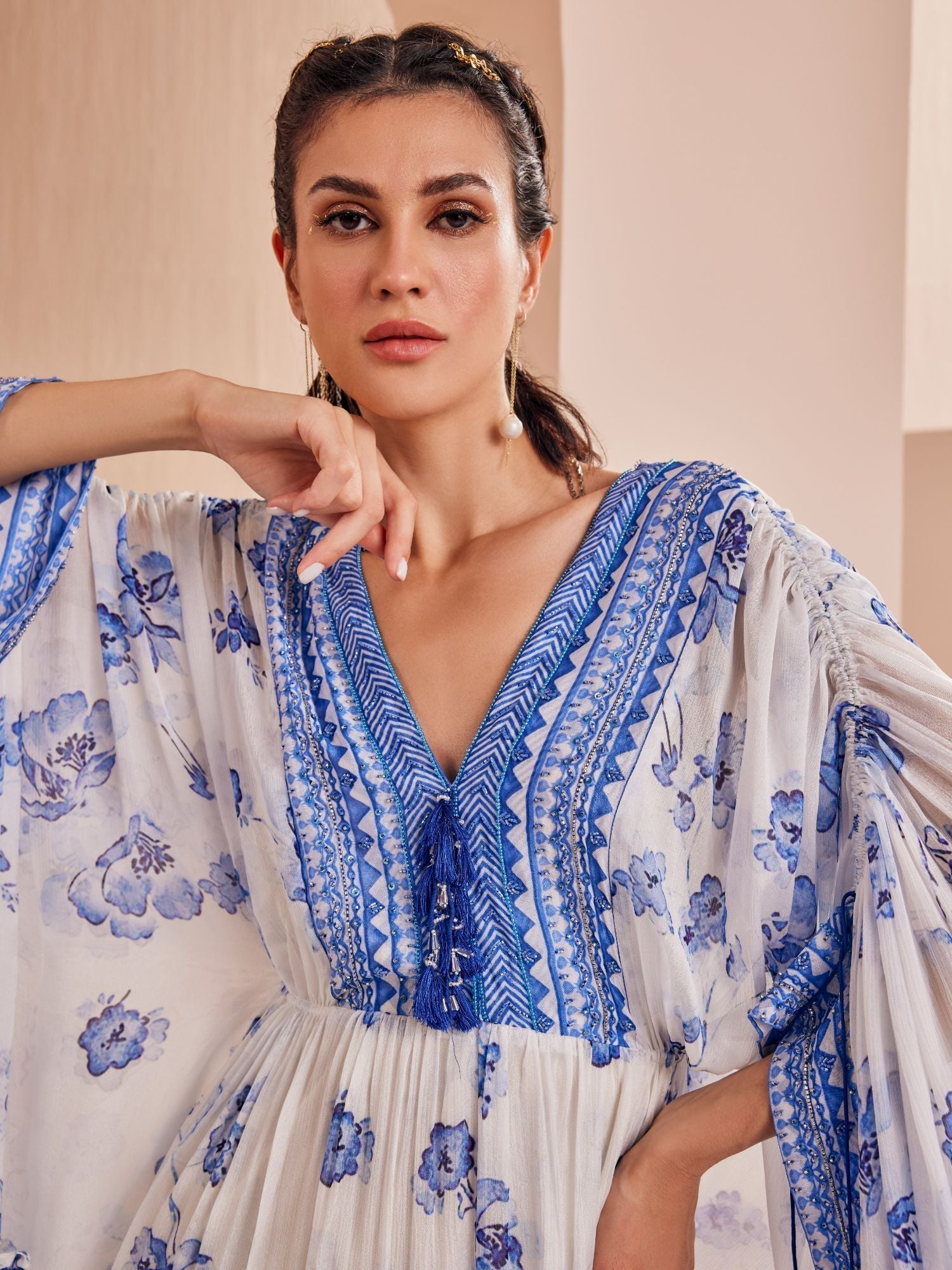 Blue Periwinkle Floral Embroidered Kaftan