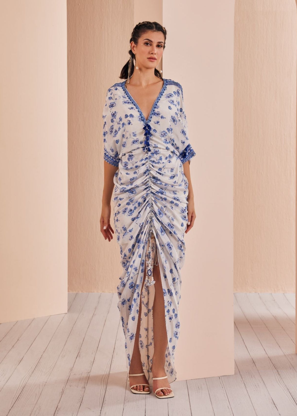 Blue Periwinkle Floral Ruched Kaftan