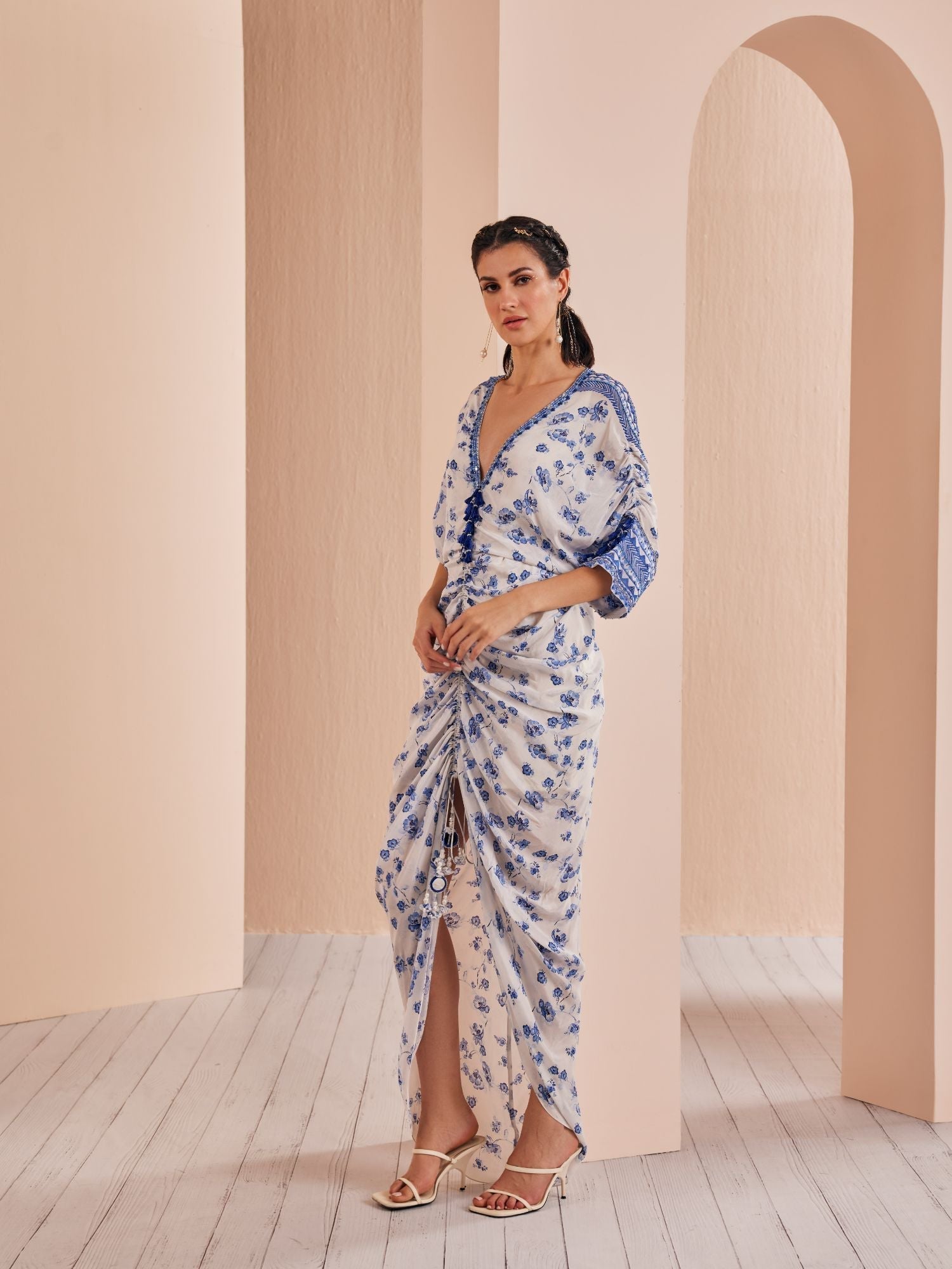 Blue Periwinkle Floral Ruched Kaftan