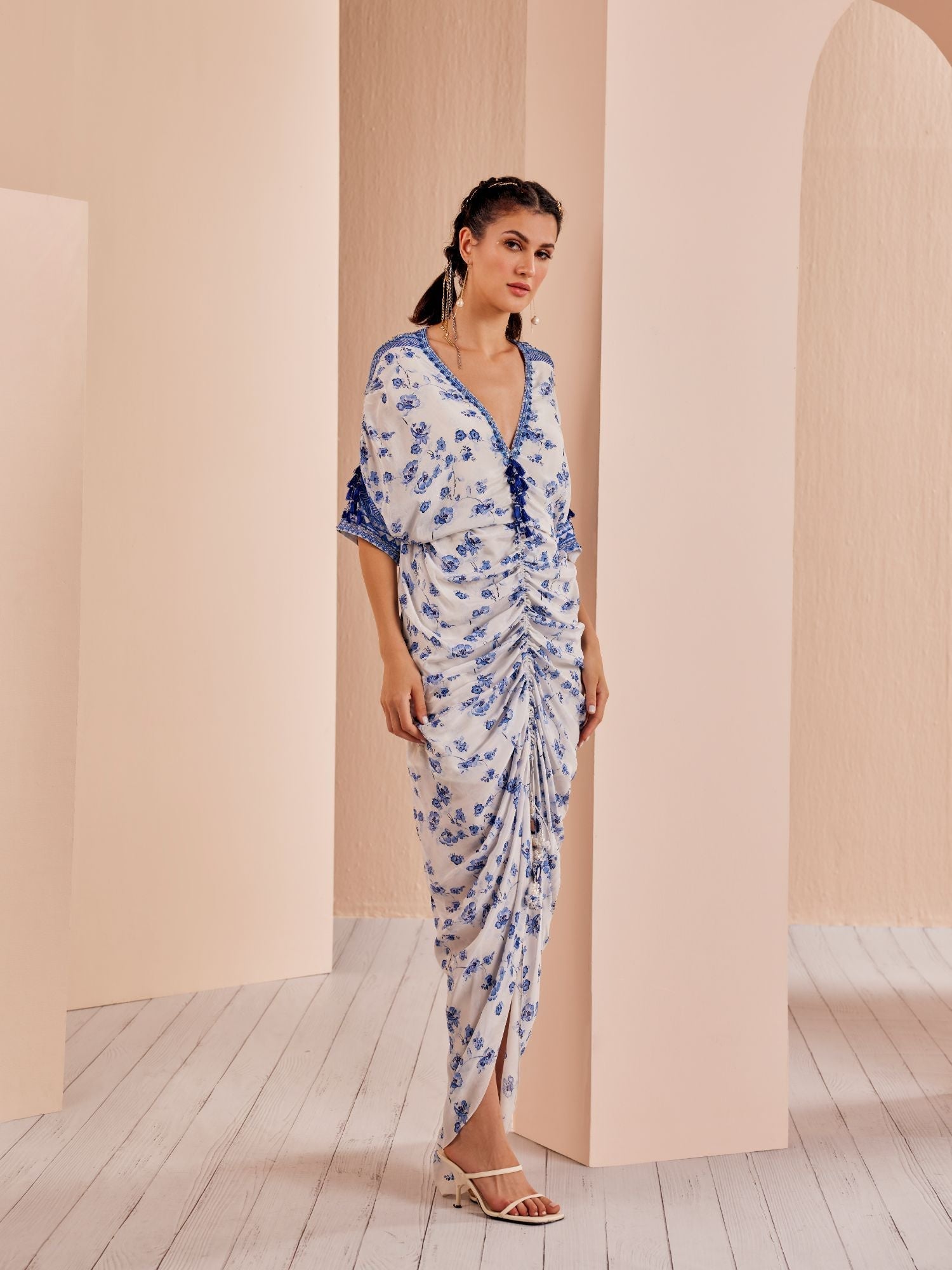 Blue Periwinkle Floral Ruched Kaftan