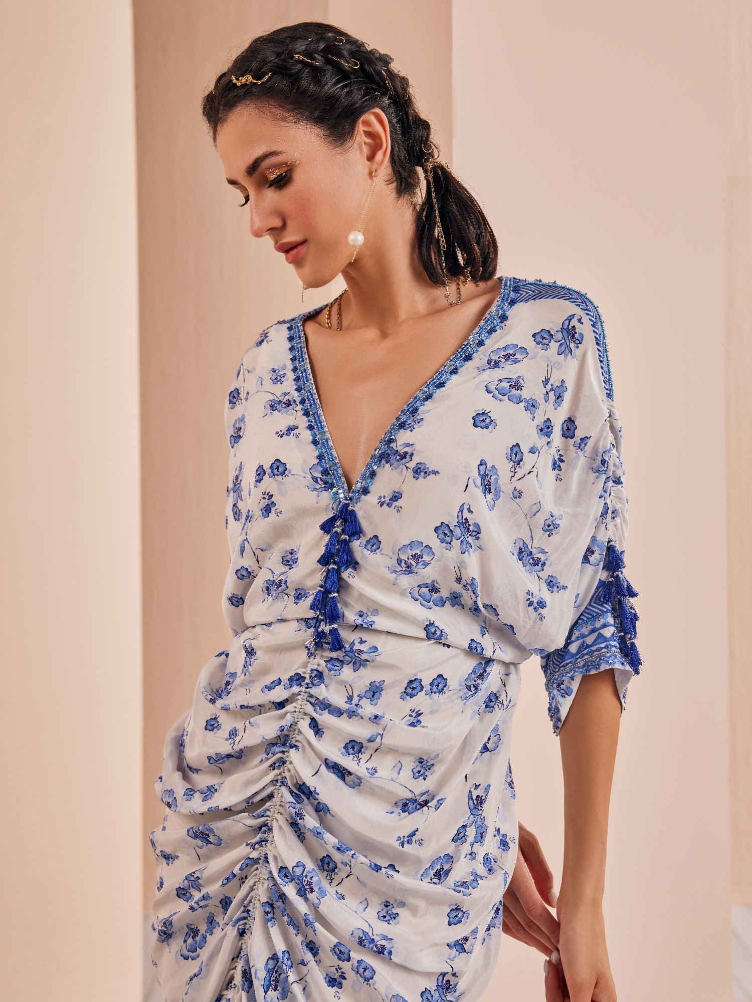 Blue Periwinkle Floral Ruched Kaftan