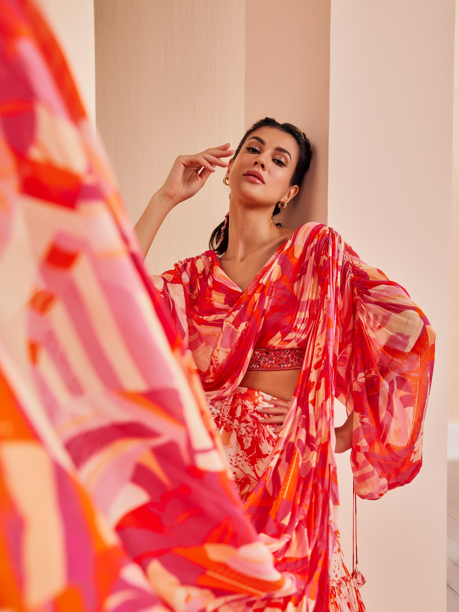 Printed Chiffon Tiered Lehenga Set
