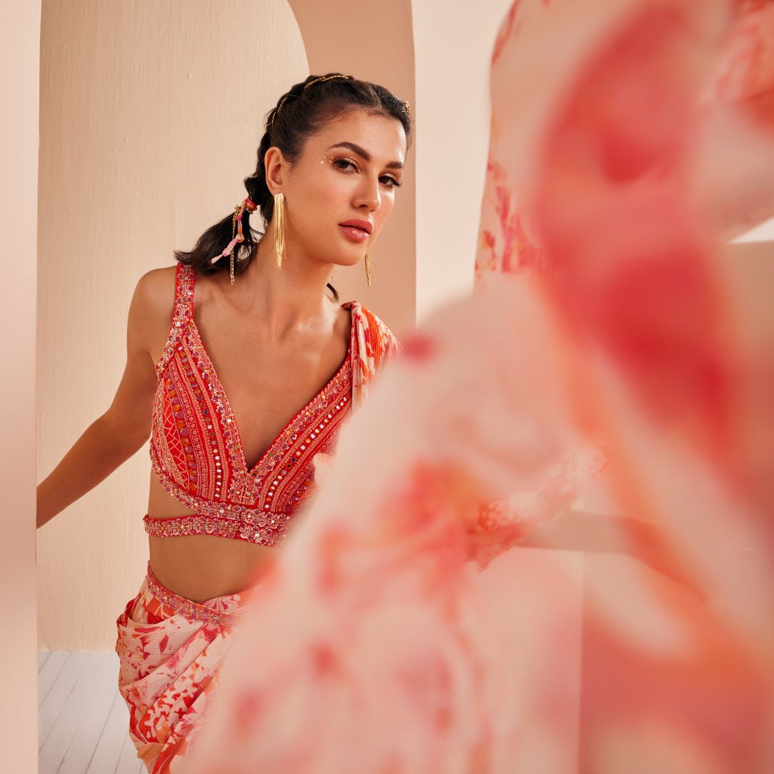 Printed Georgette Lurex Draped Saree Set