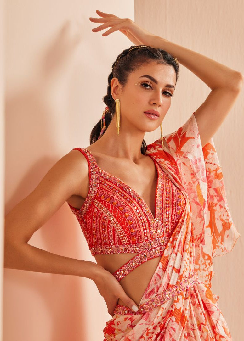 Printed Georgette Lurex Draped Saree Set