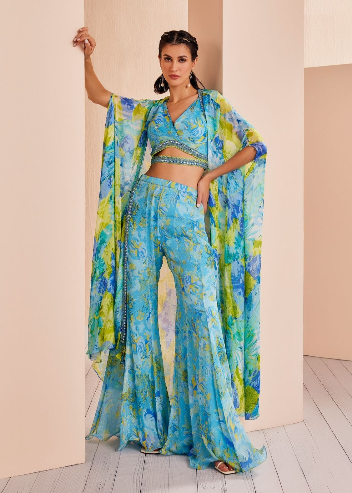 Printed Chiffon Embroidered Paneled Sharara Set
