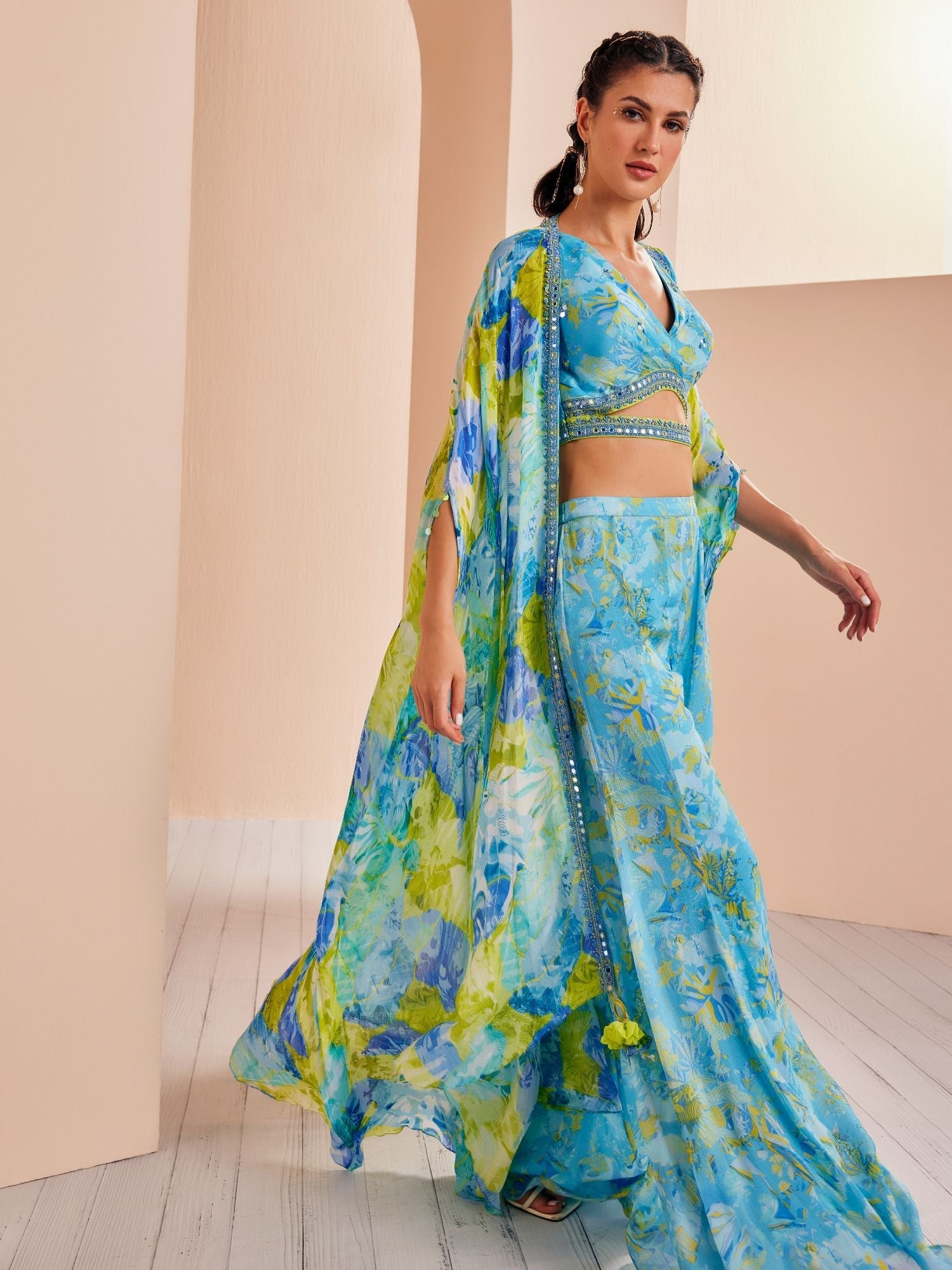 Printed Chiffon Embroidered Paneled Sharara Set