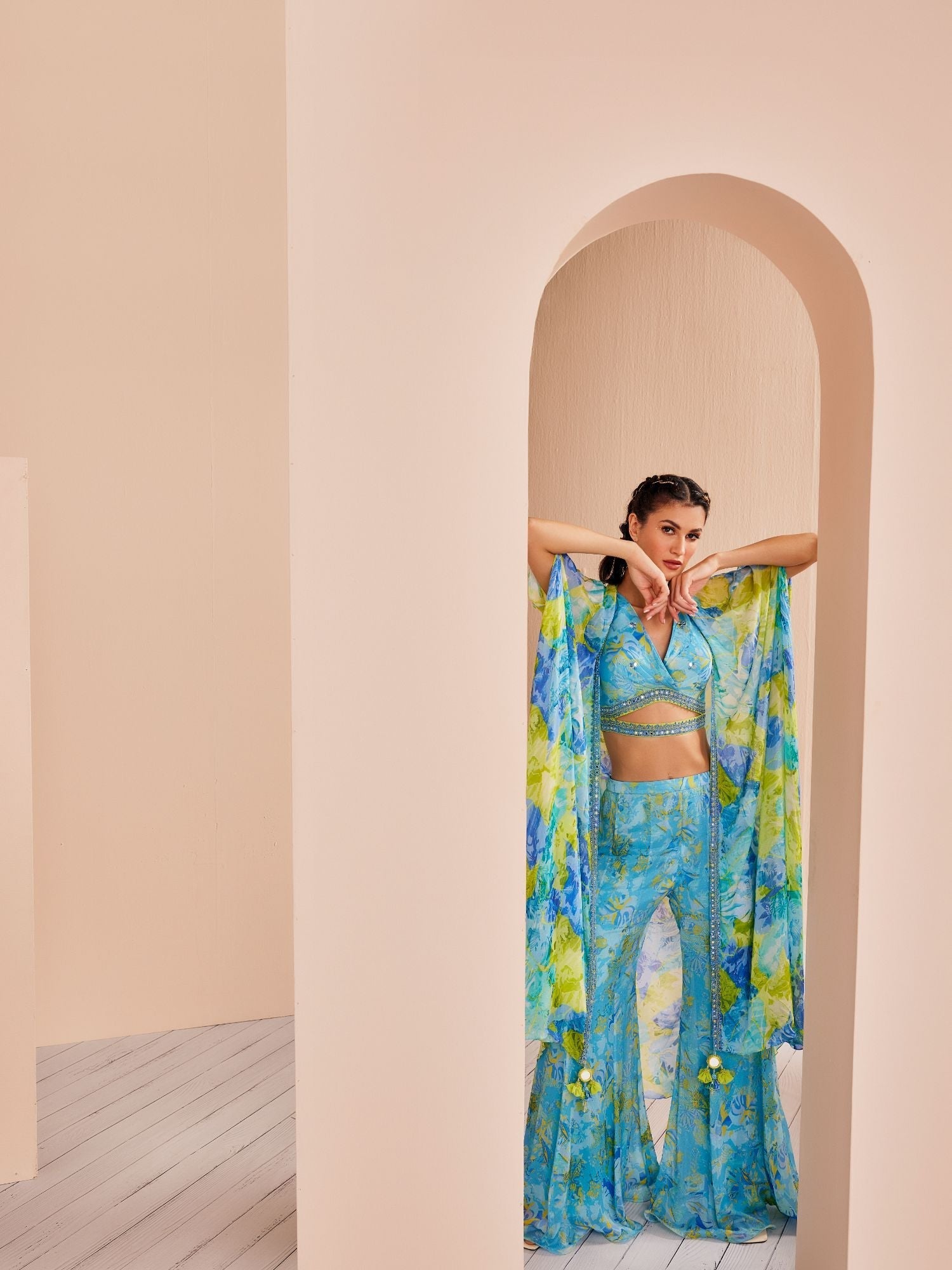 Printed Chiffon Embroidered Paneled Sharara Set