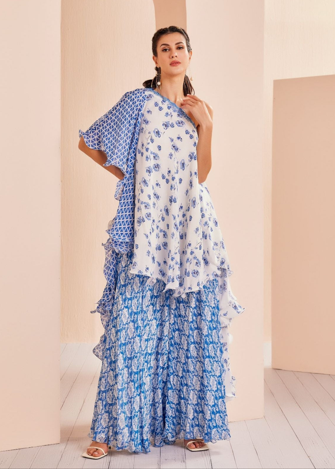 Blue Printed One Shoulder Sharara Set