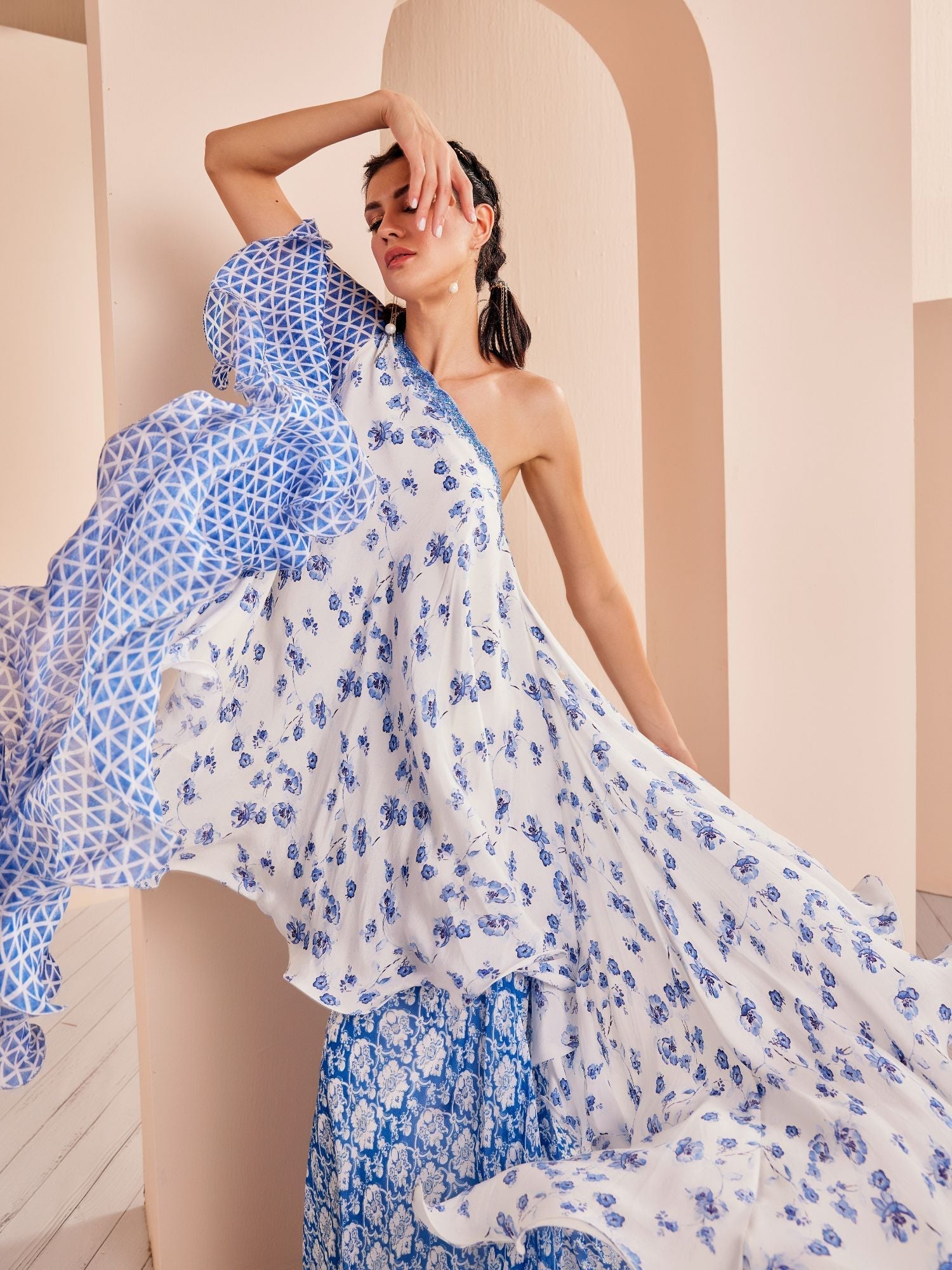 Blue Printed One Shoulder Sharara Set