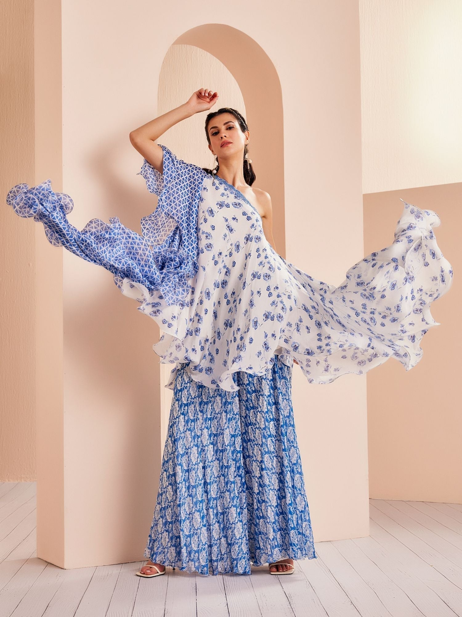 Blue Printed One Shoulder Sharara Set