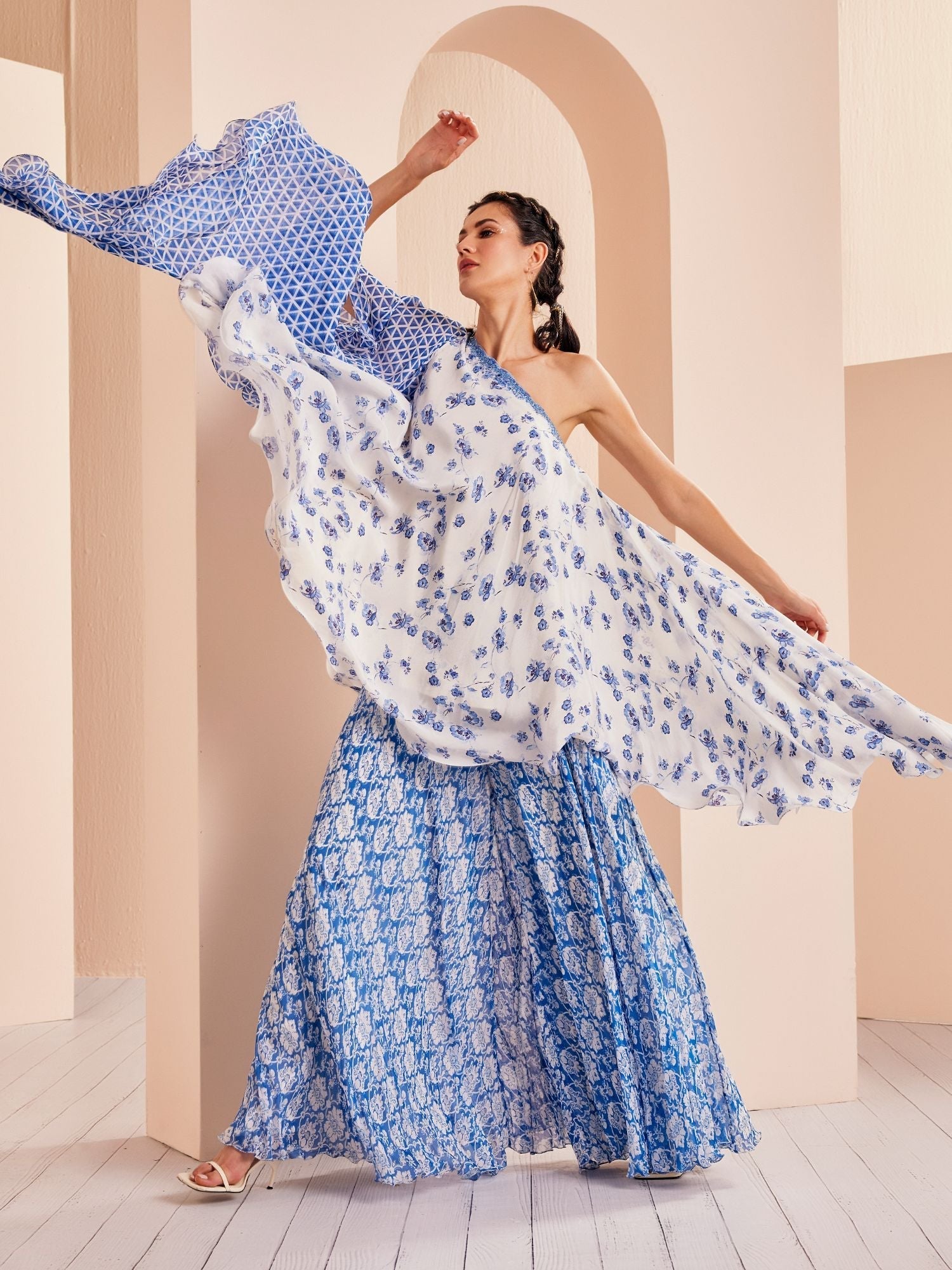 Blue Printed One Shoulder Sharara Set
