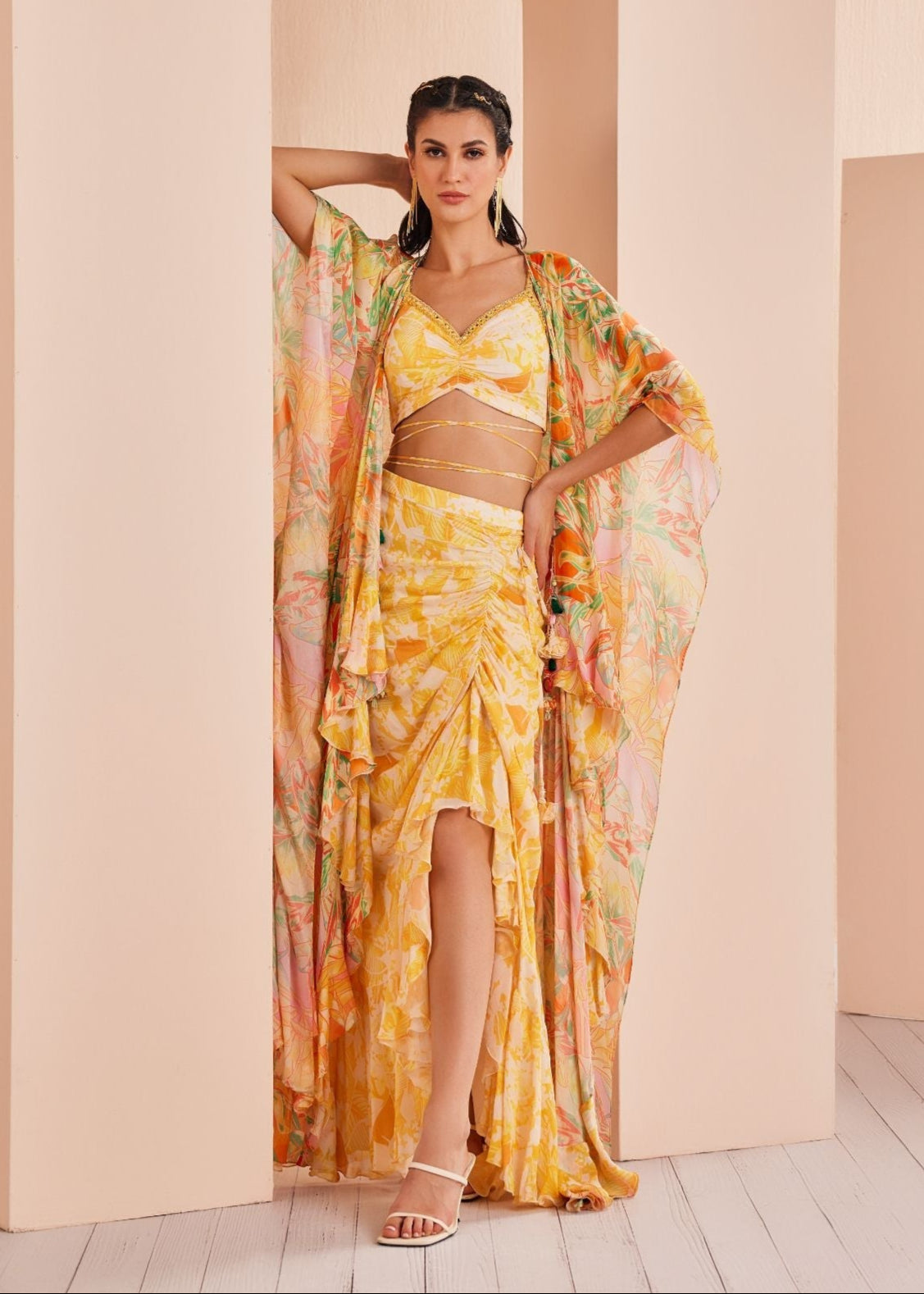 Chiffon Yellow Printed Skirt Set