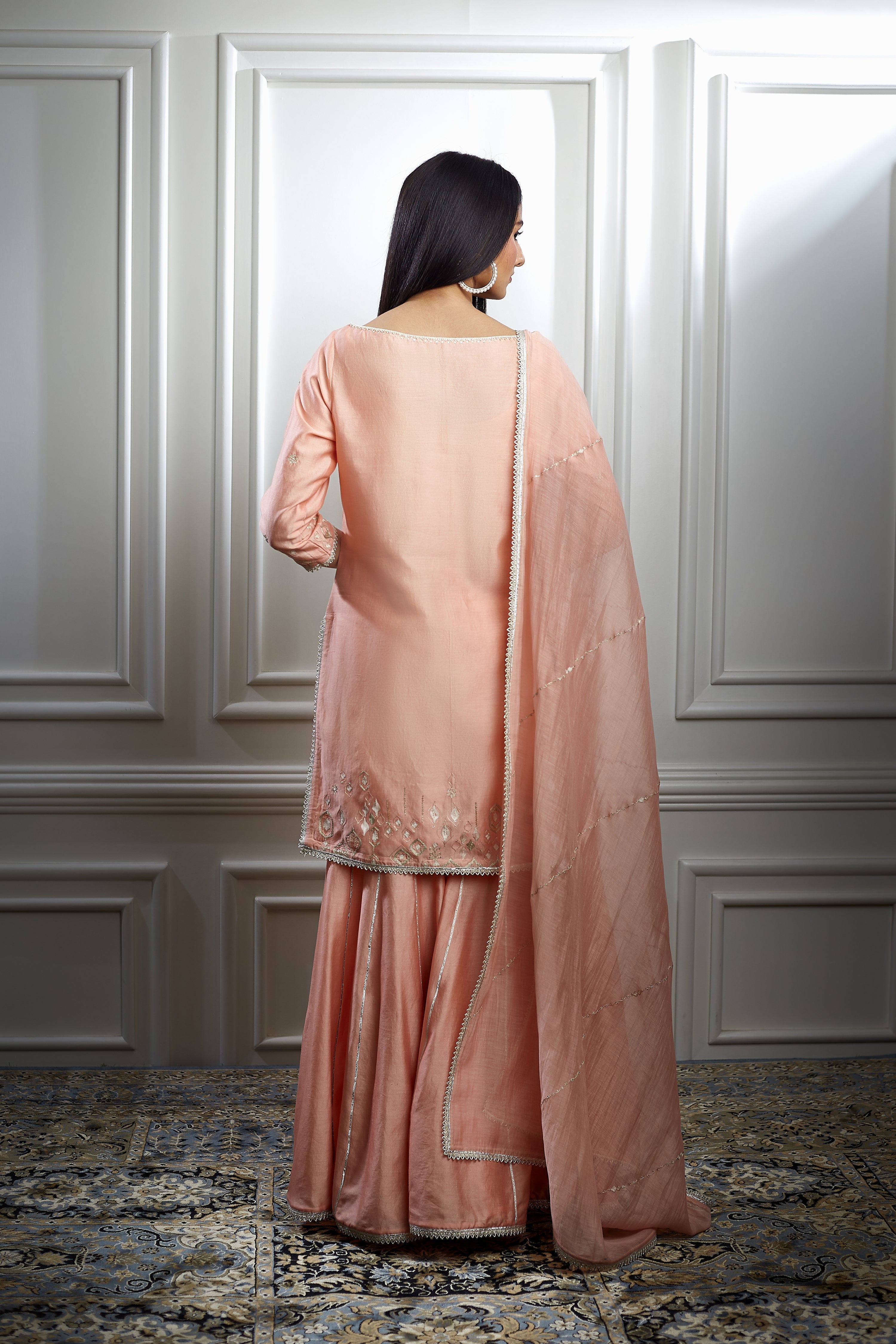 Peach Embellished Kurta Sharara Set