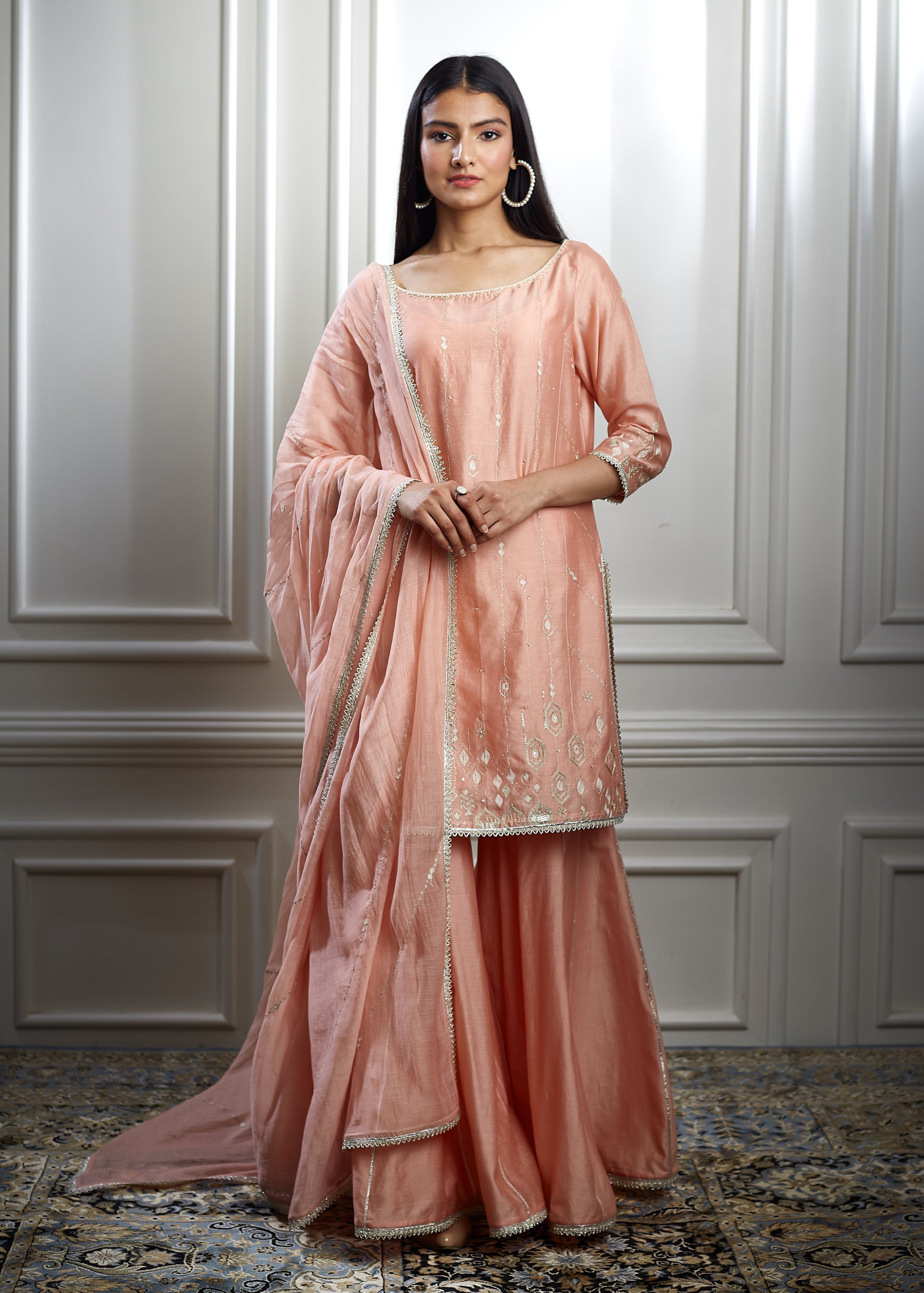 Peach Embellished Kurta Sharara Set